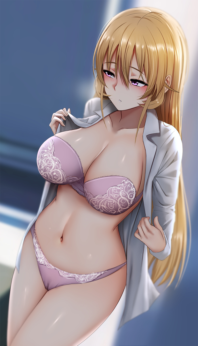 1girls, bangs, blonde hair, blonde-haired female, blush, bra, breasts, cameltoe, clavicle, female, ginhaha, hair between eyes, large breasts, lingerie, long hair, long sleeves, looking away, nakiri erina, navel, nipples, orange hair, pantsu, pink panties, purple eyes, pussy, shiny skin, shirt, shokugeki no souma, shy, solo, underwear, undressing, white shirt