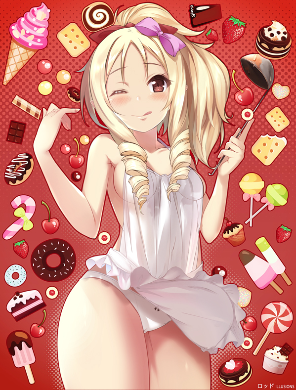 1girls ;q apron blonde_hair blush bow breasts brown_eyes cake candy candy_cane cherry chocolate_bar clavicle cookie cowboy_shot cupcake doughnut drill_hair eromanga_sensei female food fruit hair_ornament hairbow halftone ice_cream ladle lollipop looking_at_viewer medium_breasts nearly_naked_apron no_bra one_eye_closed pantsu pinky_out pointed_ears ponytail popsicle rods see-through sidelocks smile solo strawberry sweets tied_hair tongue tongue_out twin_drills underwear white_apron white_panties white_underwear wide_hips yamada_elf