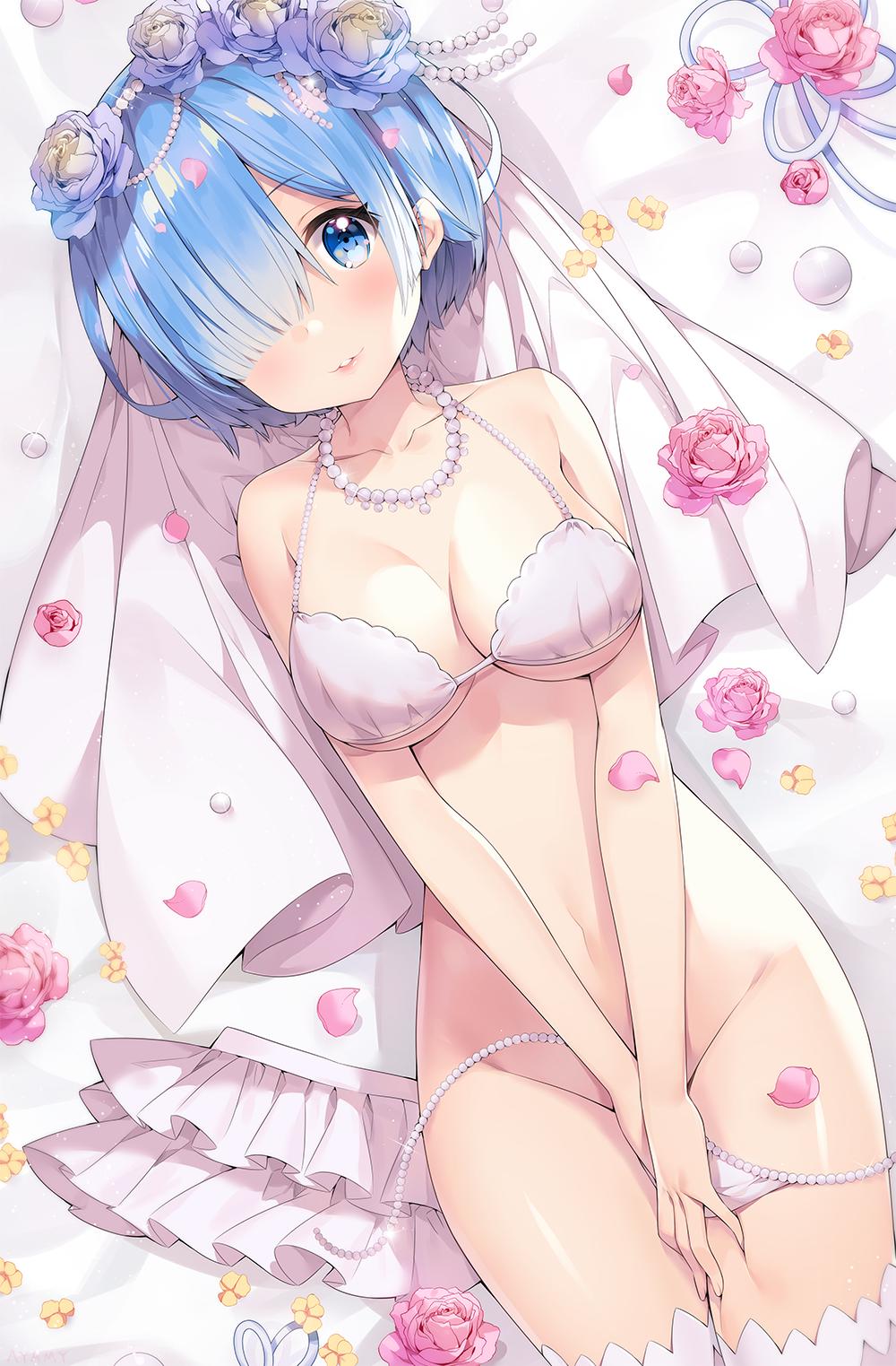 artist name, ayamy, bangs, bare arms, bare shoulders, bead necklace, beads, blue eyes, blue hair, bra, breasts, bridal veil, clavicle, cleavage, covering, covering crotch, female, flower, hair flower, hair ornament, hair over one eye, halterneck, high resolution, jewelry, large breasts, lingerie, looking at viewer, lying, miniskirt, navel, necklace, on back, pantsu, parted lips, petals, pink flower, purple flower, re:zero kara hajimeru isekai seikatsu, rem (re:zero), rose, short hair, side-tie panties, skirt, skirt removed, solo, stomach, thighhighs, thighs, underwear, untied, untied panties, v arms, veil, white bra, white panties, white skirt, white underwear