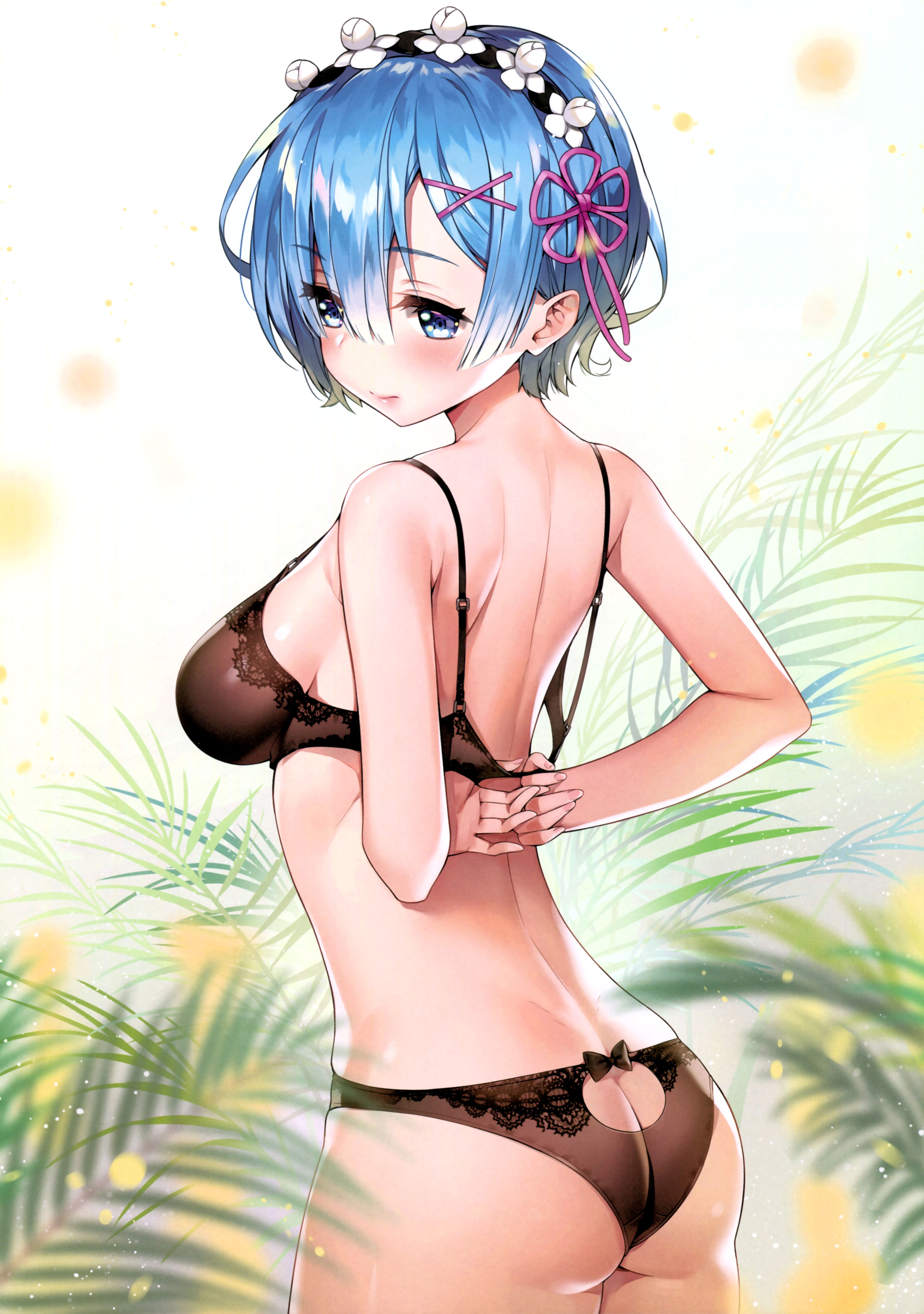 1girls, adjusting clothes, ass, ass cleavage, ass crack, ass cutout, asymmetrical bangs, ayamy, back, bangs, black bra, black panties, black underwear, blue eyes, blue hair, blush, bow, bow panties, bra, breasts, butt crack, closed mouth, curvy, eyebrows visible through hair, eyelashes, female, female focus, female only, fern, fingernails, from behind, hair between eyes, hair ornament, hairband, hairclip, high resolution, lace, lace trim, lace-trimmed bra, lace-trimmed panties, large ass, large breasts, lingerie, lips, maid headdress, panties, pantsu, pink ribbon, posterior cleavage, re:zero kara hajimeru isekai seikatsu, rem (re:zero), ribbon, scan, shiny, shiny hair, shiny skin, short hair, shoulder blades, solo, thighs, underwear, underwear only, very high resolution, x hair ornament