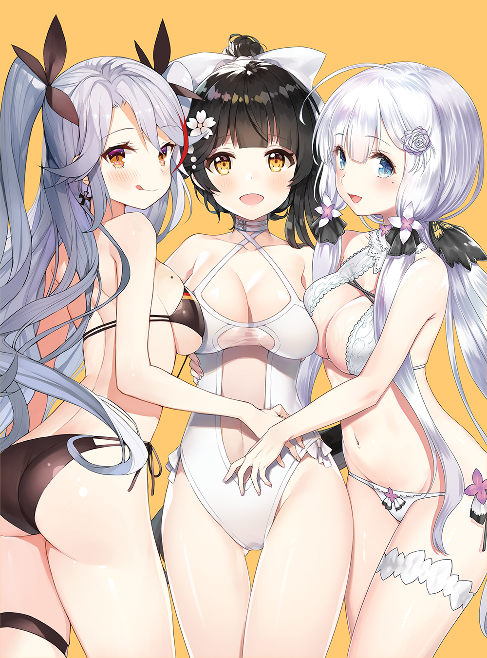 3girls :d :q ahoge archway_of_venus ass ayami ayami_(annahibi) ayamy azur_lane bikini black_hair blue_eyes bow breasts choker cleavage collaboration cowboy_shot criss-cross_halter female female_only flag_print gaou garter german_flag girl_sandwich gluteal_fold hair_flaps hair_ornament hairbow halter_top halterneck hand_on_another's_stomach high_resolution illustrious_(azur_lane) leg_garter long_hair looking_at_viewer low_ponytail matsui_hiroaki medium_breasts medium_hair mole mole_on_breast mole_under_eye multi-strapped_bikini multiple_girls navel one-piece_swimsuit open_mouth ponytail prinz_eugen_(azur_lane) prinz_eugen_(unfading_smile)_(azur_lane) sandwiched see-through side-tie_bikini sideboob sidelocks silver_hair simple_background smile swimsuit takao_(azur_lane) takao_(beach_rhapsody)_(azur_lane) thigh_gap thigh_strap tied_hair tongue tongue_out trio two_side_up veins veiny_breasts white_bikini white_swimsuit yasuyuki yellow_background yellow_eyes yuri