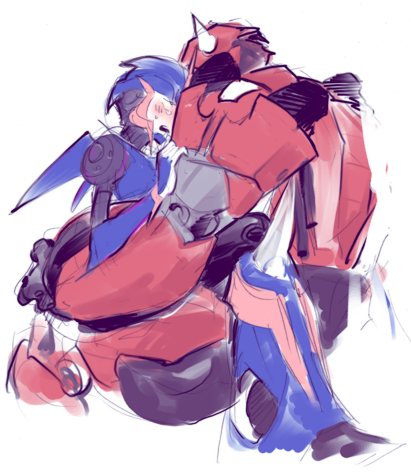 1boy 1girls 2012 arcee blue_body cliffjumper couple embarrassed faceless_male highres horns hug implied_sex kotteri000 red_body robot robotic straight tears transformers transformers_prime wheels wholesome wings