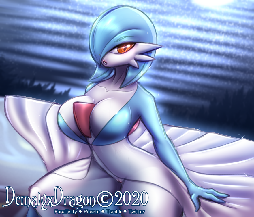 1girls 2020 3_fingers alternate_color anthro anthrofied bed big_breasts breasts clothed clothing dated demalyxdragon female furniture gardevoir hair_over_one_eye humanoid looking_at_viewer mammal nintendo on_bed open_mouth orange_eyes pokémon_(species) pokemon pokemon_(species) pokemon_rse pussy shiny_pokemon sitting solo text thick_thighs video_games watermark wide_hips