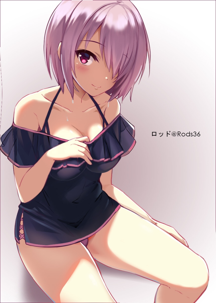 asymmetrical_bangs bangs bare_shoulders black_dress blush breasts clavicle cleavage closed_mouth cross-laced_clothes dress exposed_shoulders fate/grand_order fate_(series) female hair_over_one_eye hand_up high_resolution large_breasts looking_at_viewer mash_kyrielight one_eye_covered pantsu pink_hair purple_eyes purple_hair purple_panties red_eyes rods see-through see-through_silhouette short_dress short_hair side_bangs sitting smile solo twitter_username underwear