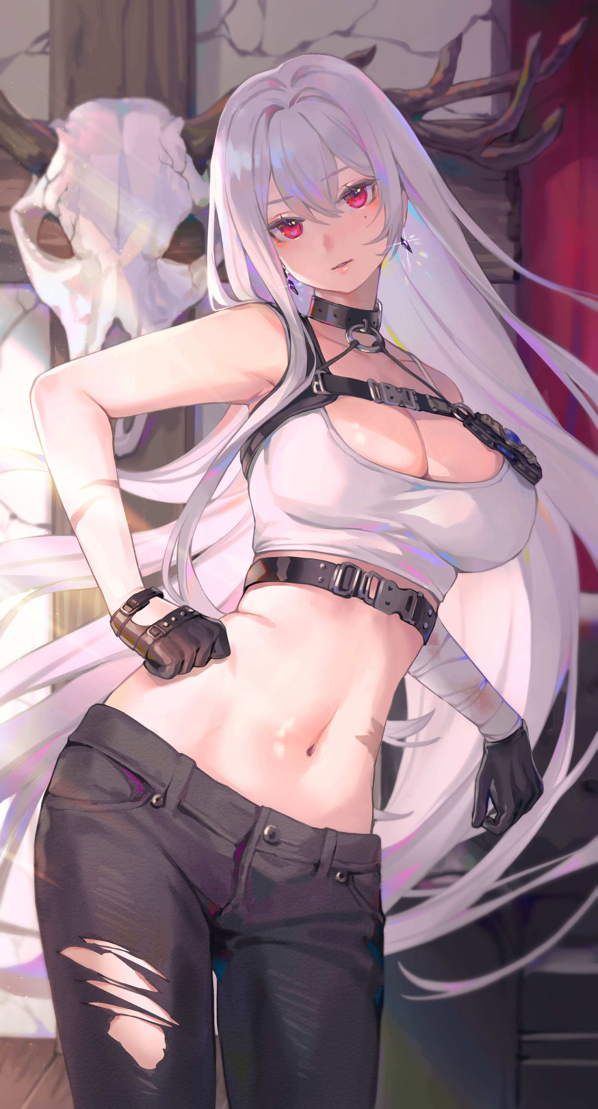 1girls, animal skull, azur lane, bandaged arm, bandages, bangs, bare shoulders, belly button, belt, bibimbub, black belt, black gloves, black pants, breasts, clavicle, cleavage, crop top, earrings, eyebrows visible through hair, female, female only, floating hair, gloves, hair between eyes, head tilt, high resolution, jewelry, large breasts, light skin, light-skinned female, long hair, looking at viewer, midriff, mole, mole under eye, navel, northern parliament (azur lane), o-ring, pants, parted lips, police badge, red eyes, scar, silver hair, skull, solo, sovetskaya rossiya (azur lane), sovetskaya rossiya (the lackadaisical lookout) (azur lane), staff, torn clothes, torn pants, very high resolution, very long hair