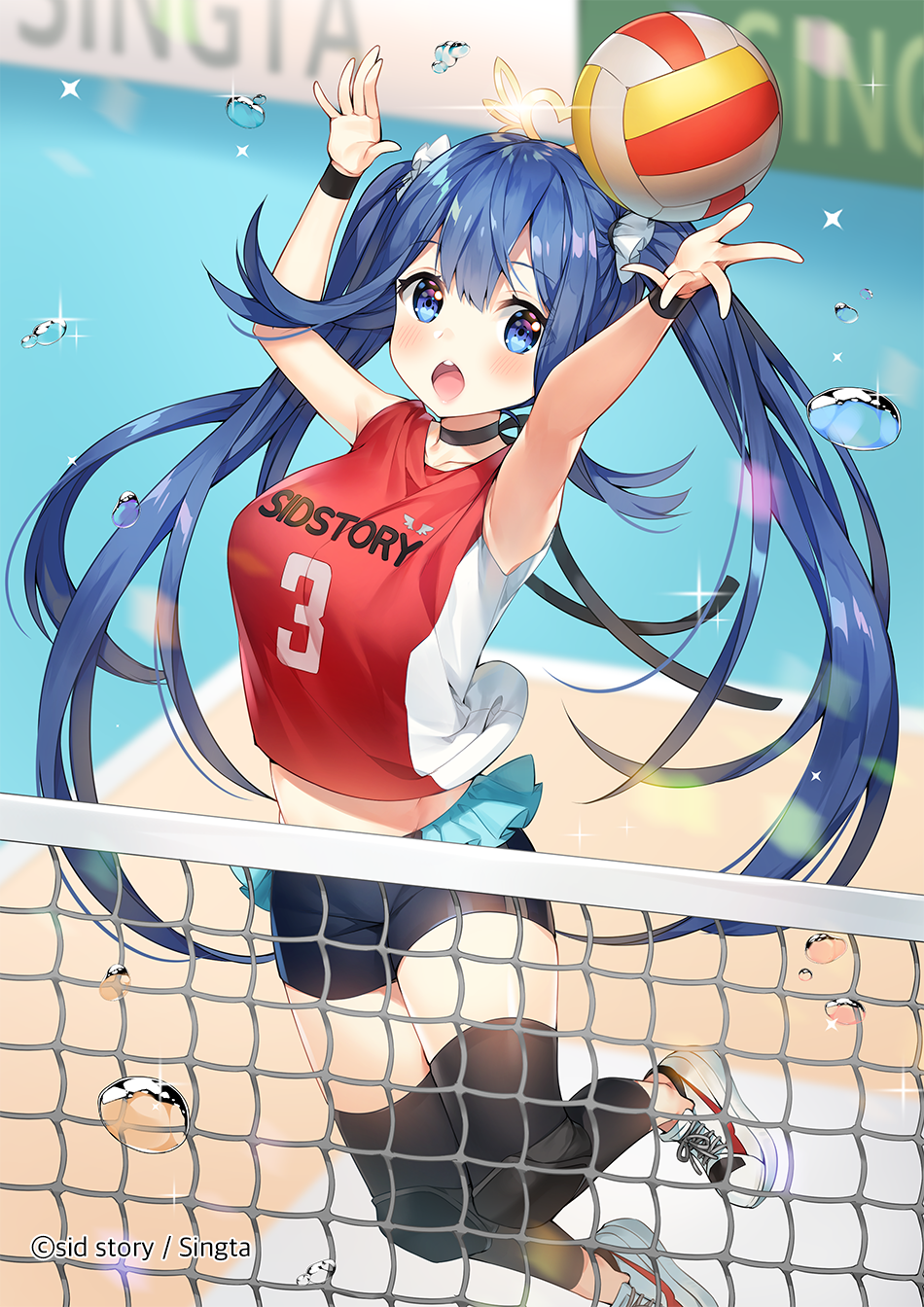 :o armpits arms_up ayami ayami_(annahibi) ayamy bare_shoulders black_legwear black_shorts blue_eyes blue_hair blurry blurry_background breasts bubble choker depth_of_field female glint hair_ornament high_resolution knee_pads long_hair looking_at_viewer medium_breasts midriff official_art open_mouth red_shirt shirt shoes short_shorts shorts sid_story sleeveless sleeveless_shirt sneakers solo sweatband text_on_clothes thighhighs tied_hair twintails very_long_hair volleyball volleyball_net watermark