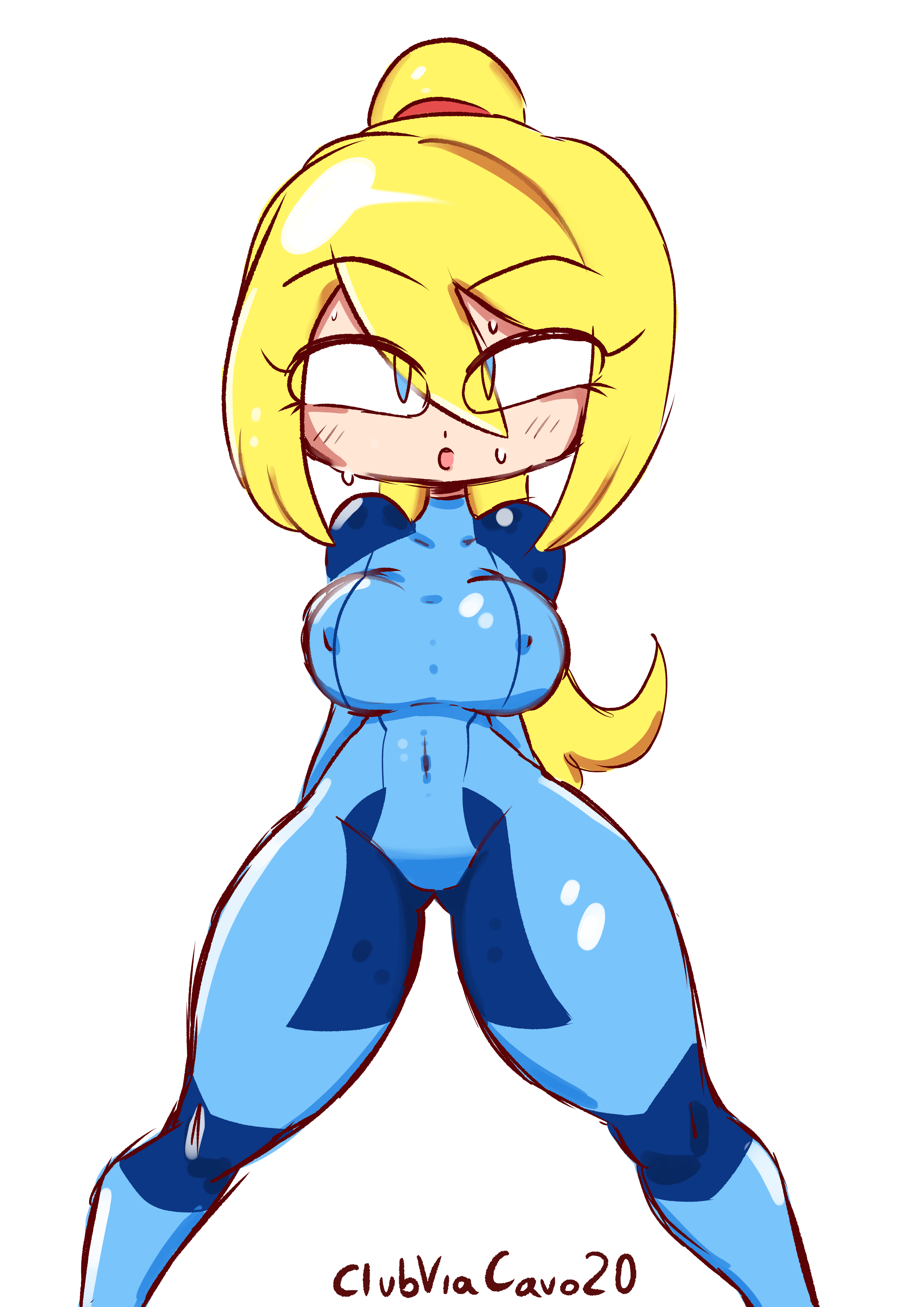 big breasts, blonde hair, breasts, clubviacavo, female, metroid, nintendo, samus aran, sweat, thick thighs, tight clothing, video games, zero suit samus