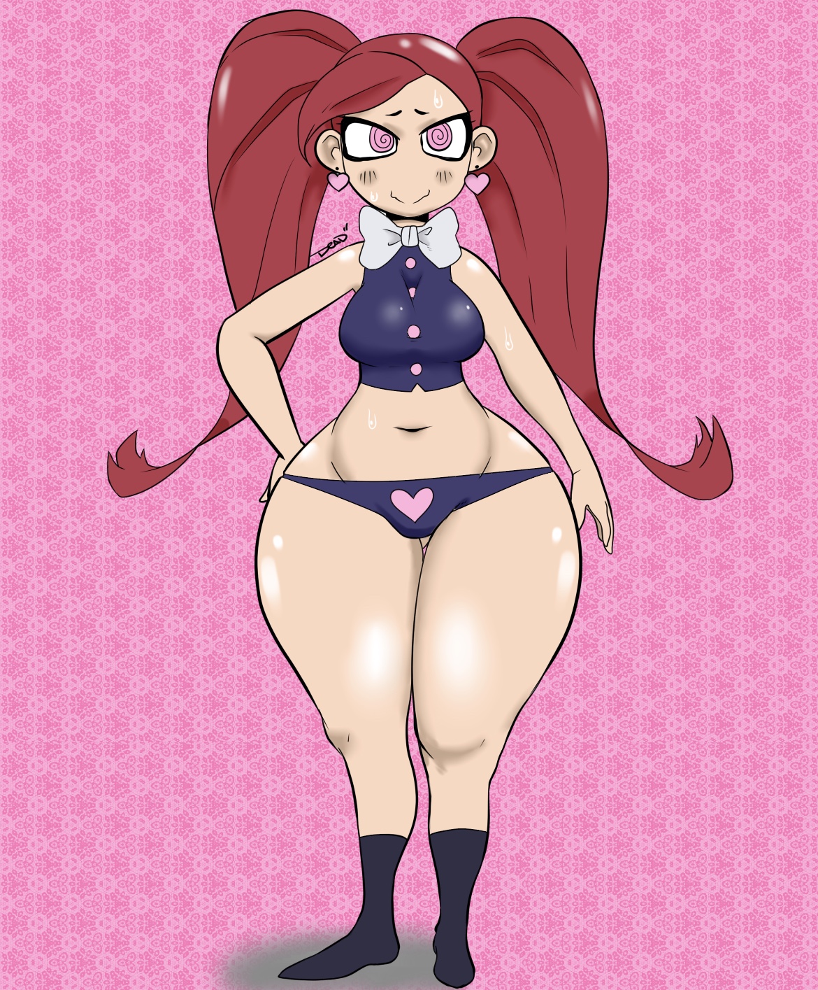 1girls, aiba manami, breasts, curvy, deadzii, female, huge breasts, la brava (my hero academia), looking at viewer, my hero academia, pink eyes, red hair, shortstack, sweat, thick thighs, wet, wide hips