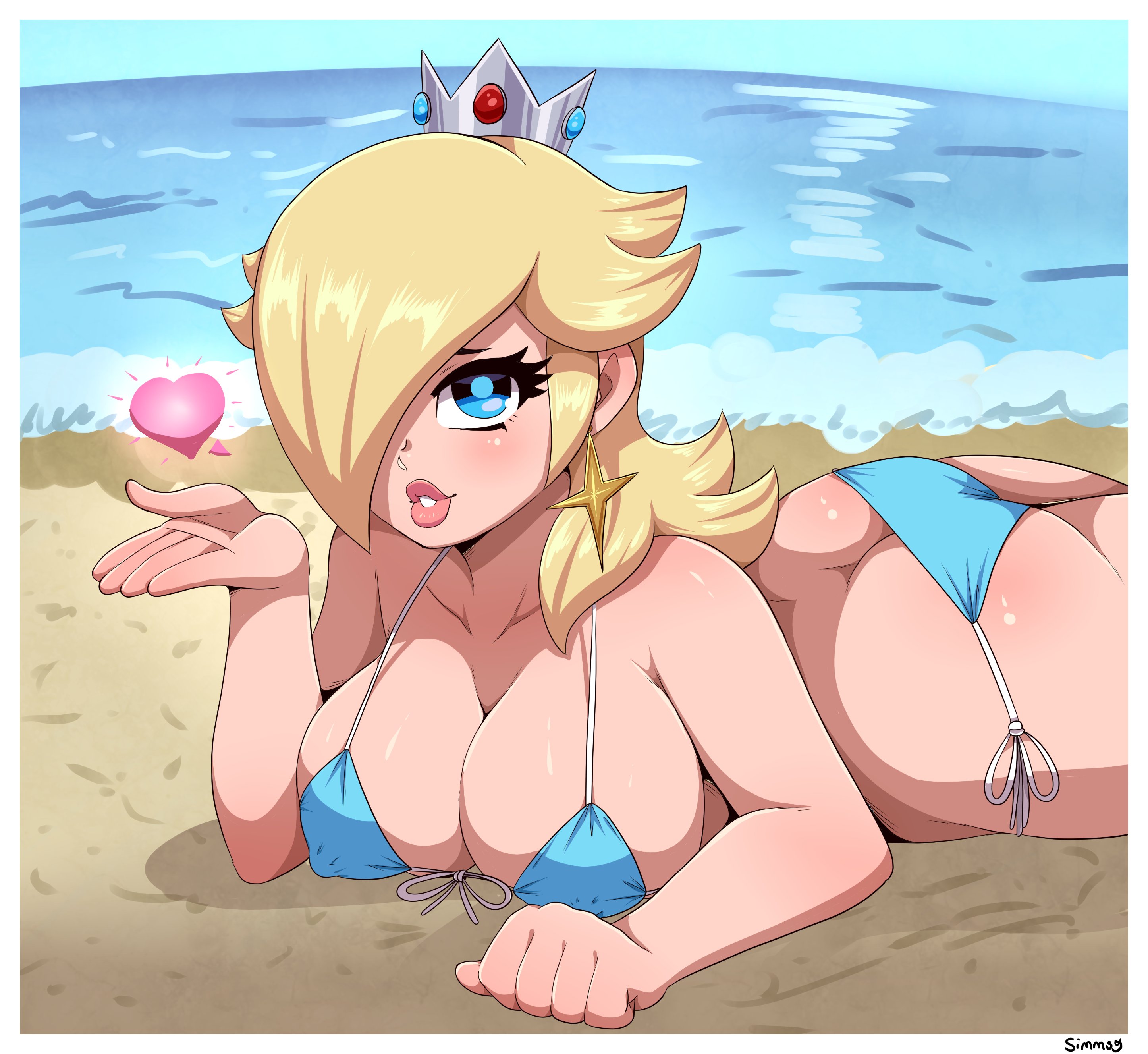 1girls, ass, ass cleavage, ass crack, beach, bikini, bimbo, blonde hair, blue bikini, blue eyes, breasts, butt crack, cleavage, crown, curvy, earrings, erect nipples, female, female only, front-tie bikini, hair over one eye, heart, human, human only, jewelry, large ass, large breasts, long hair, looking at viewer, lying, mario (series), nintendo, nipple bulge, nipples, ocean, on stomach, outdoors, panties, princess rosalina, sand, shiny, shiny skin, side-tie bikini, simmsy, solo, string bikini, super mario galaxy, swimsuit, water