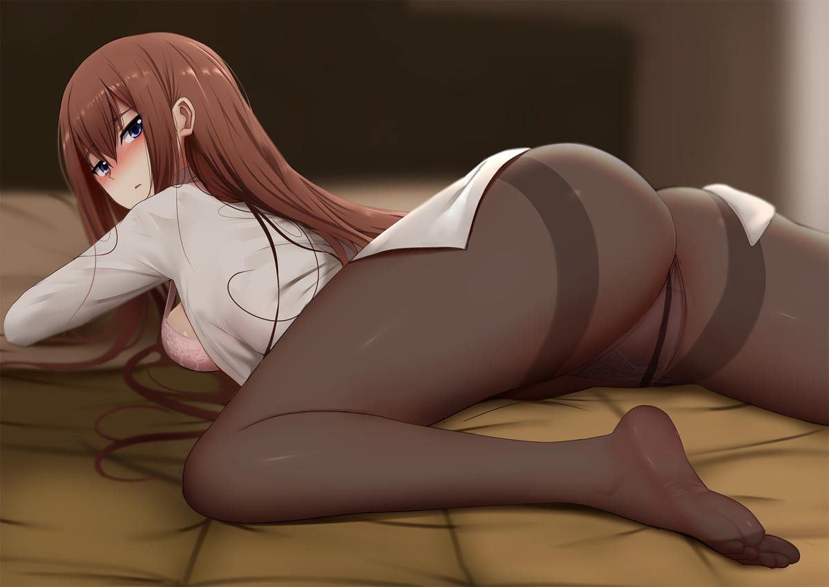 1girls, anus, ass, bangs, barefoot, bed, bed sheet, blue eyes, blush, bottomless, bra, breasts, brown hair, cameltoe, censored, eyebrows visible through hair, feet, female, frown, ginhaha, hair between eyes, highres, indoors, lingerie, long hair, long sleeves, looking at viewer, looking back, lying, makise kurisu, naked shirt, nipples, on bed, on stomach, open mouth, panties, pantsu, pantyhose, pillow, pink bra, pink panties, pussy, red hair, shiny, shiny hair, shiny skin, shirt, solo, steins;gate, thighs, white shirt