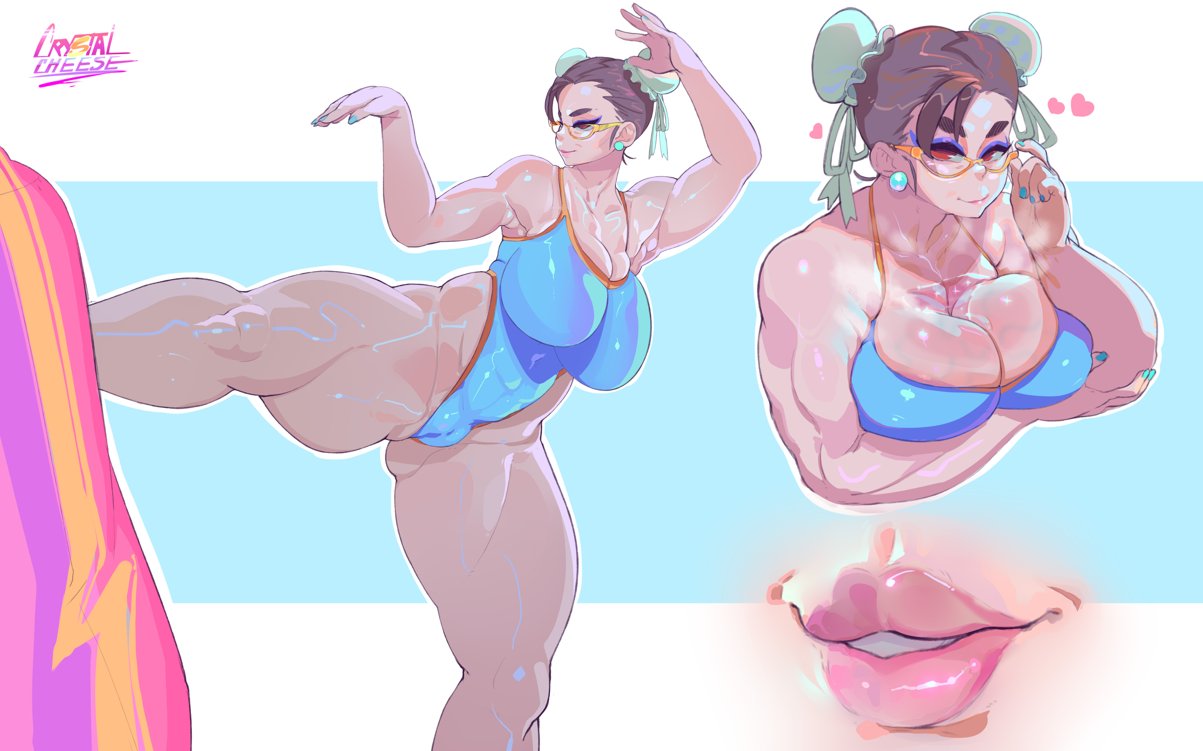 1girls, asian, big breasts, black hair, breasts, chun-li, crystalcheese, earrings, eyeshadow, female, glasses, hair bun, hair ornament, heart, leotard, looking at viewer, muscular, muscular female, street fighter, tagme, thick thighs