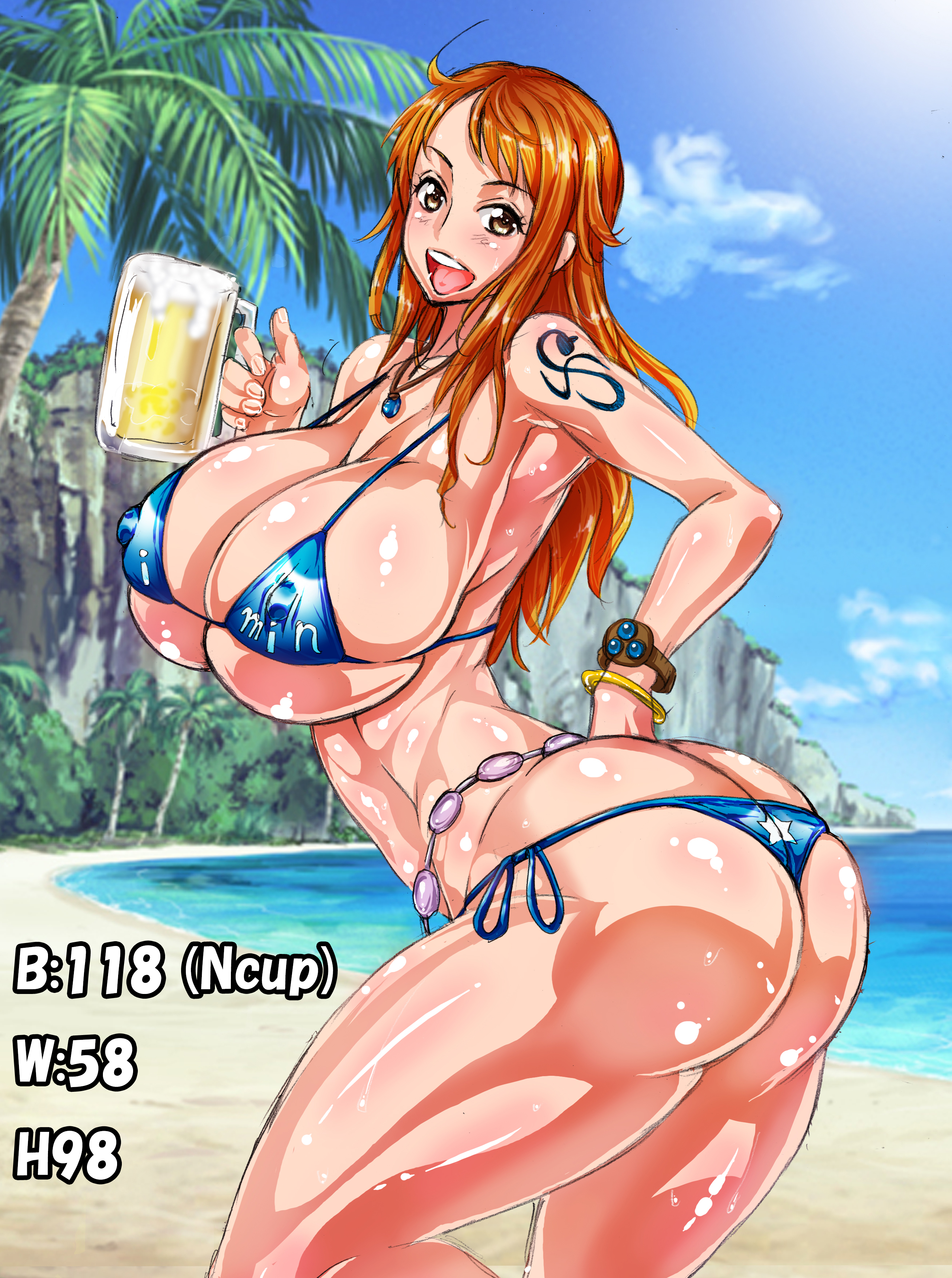 1girls, absurd res, alternate breast size, alternate costume, alternate version available, ando hiroyuki, armpits, ass, bangs, bare shoulders, beach, beer, beer mug, belt, big ass, big breasts, bikini, blue bikini, blue tattoo, blush, bracelet, breasts, cleavage, clothing, collarbone, curvy, detailed background, eyelashes, female, female focus, female only, hand on ass, holding, holding object, huge ass, huge breasts, human, jewelry, large ass, large breasts, long hair, looking at viewer, measurements, micro bikini, nami (one piece), necklace, nipple bulge, nipples, nipples visible through clothing, ocean, one piece, open mouth, orange hair, outdoors, palm tree, pinup, post-timeskip, revealing clothes, sand, shiny skin, side view, side-tie bikini, sideboob, skimpy, smile, solo, solo female, sweat, sweatdrop, swimsuit, tattoo, teeth, thick thighs, thighs, three sizes, tongue, underboob, voluptuous, yellow eyes