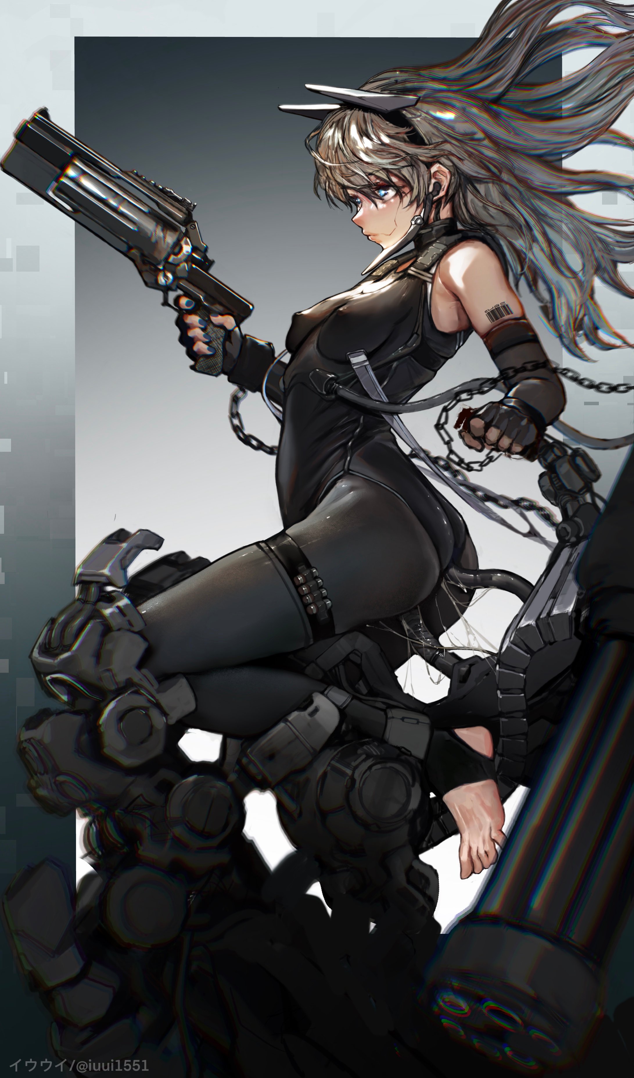 1girls, breasts, chromatic aberration, clothed sex, cybernetics, female, gun, insertion, iuui, leotard, long hair, mecha, mecha bondage, mechanical fixation, pilot, sex, sex machine, small breasts, stirrup legwear, westking, wet