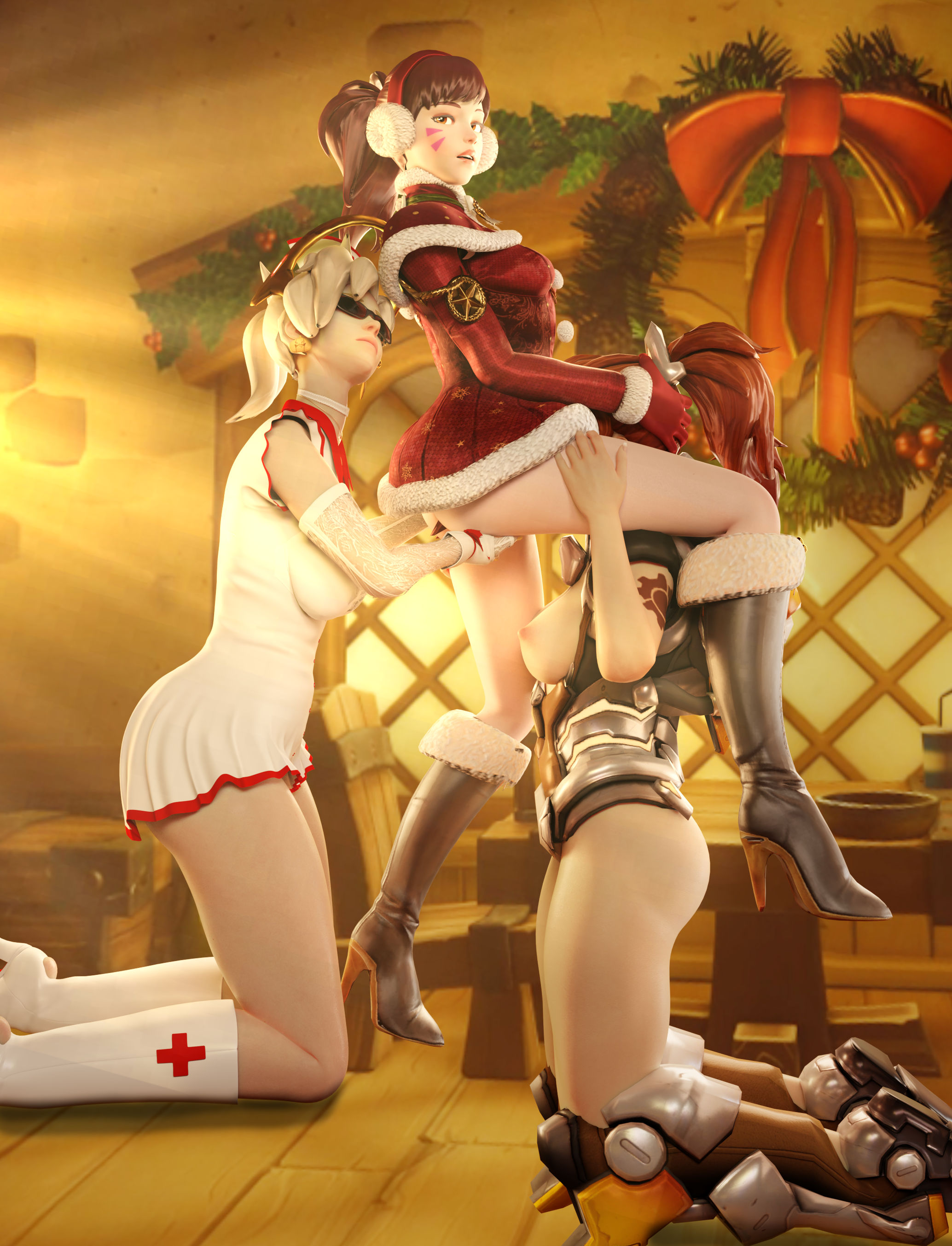 3d, ass, blonde hair, brigitte, christmas, d.va, female, high heels, highres, mercy, nude, nurse, overwatch, shoes, tattoo, thick ass, thick thighs, thighs, yuri