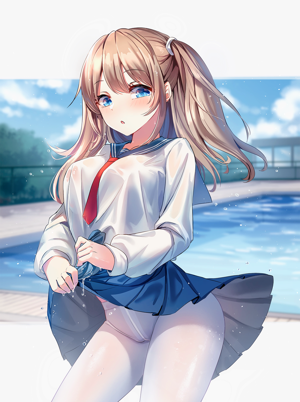 :o blue_eyes blue_skirt blurry blurry_background blush breasts brown_hair cowboy_shot crotch_seam female high_resolution lalazyt large_breasts long_hair long_sleeves looking_at_viewer miniskirt necktie original pantyhose pool red_neckwear sailor_collar school_uniform serafuku skirt solo tie tied_hair twintails uniform water wet wet_clothes white_legwear wringing_clothes