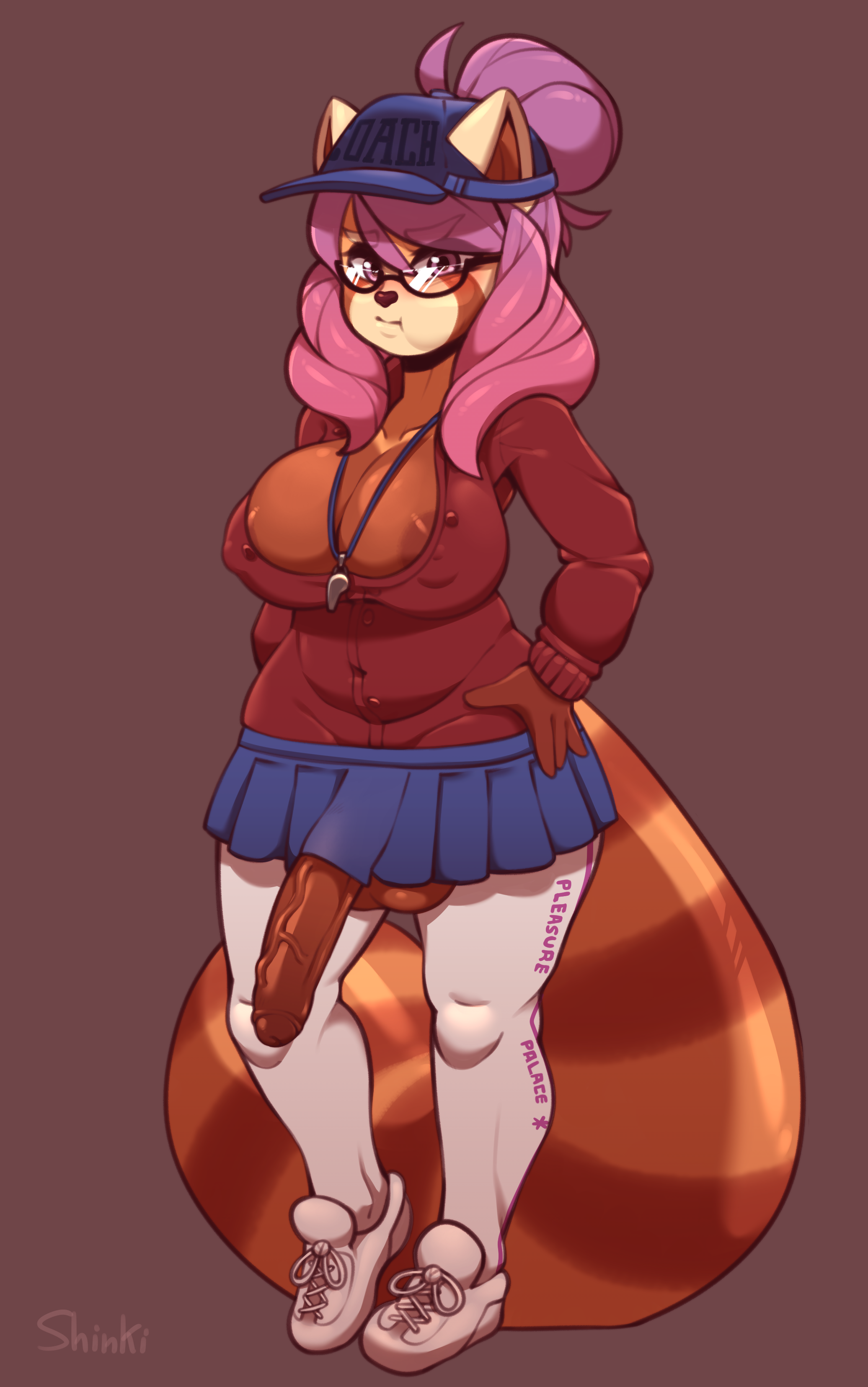 1futa, 2020, ailurid, areola, balls, bottomwear, breasts, clothed, clothing, eyewear, footwear, full-length portrait, furry, futa only, futanari, genitals, glans, glasses, hair, hat, headgear, headwear, intersex, looking at viewer, mammal, nipple outline, original, original character, penis, penis to the knees, portrait, red panda, seiko (chewycontroller), shinki (artist), simple background, skirt, solo, solo futa, vein, veiny penis, whistle