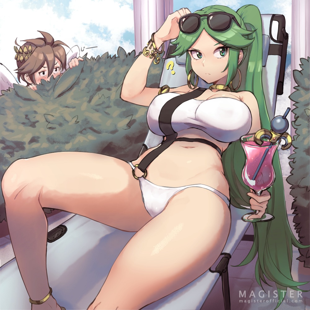 1boy, 1girls, big breasts, bikini, breasts, cameltoe, choker, curvy, earrings, erect nipples, eyebrows visible through hair, female, glasses, holding glass, kid icarus, large breasts, long hair, magister (bigbakunyuu), male, male with female, nipple bulge, nipples, palutena, panties, pit (kid icarus), ponytail, pussy, raised eyebrows, straight, sunglasses on head, text, thick thighs, url, watermark, wide hips