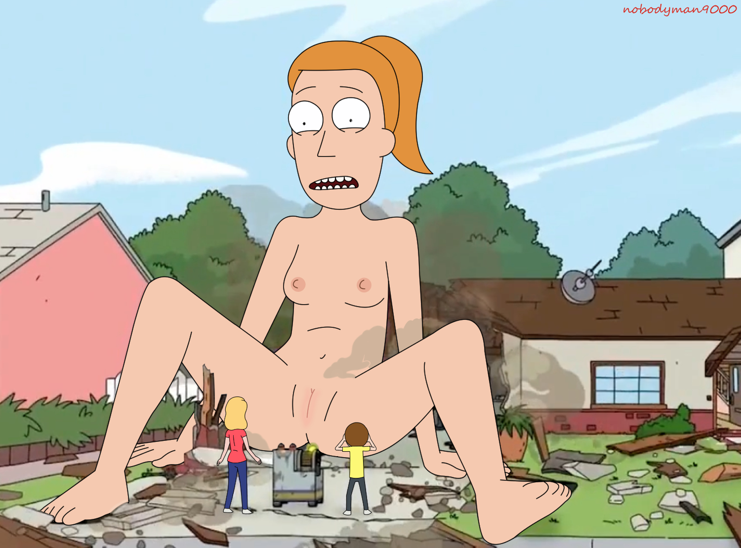 accurate art style, beth smith, breasts, edit, female, giantess, morty smith, nobodyman9000, nude, pussy, rick and morty, screenshot, screenshot edit, small breasts, summer smith, wreckage