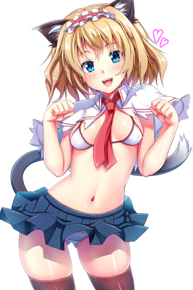 1girls alice_margatroid bikini bikini_top cat_ears cat_tail ebi_193 looking_at_viewer miniskirt skirt striped_panties tagme thighhighs tie touhou