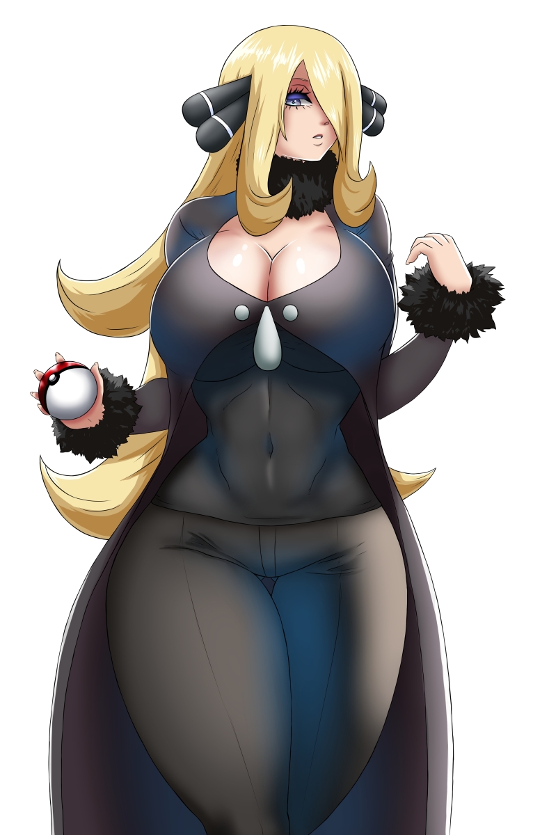 1girls, big breasts, blonde hair, breasts, cynthia (pokemon), female, fully clothed, grey eyes, hair ornament, holding object, light skin, light-skinned female, long hair, nexus-sig, nintendo, pale skin, pale-skinned female, pokeball, pokemon, pokemon dppt, thick thighs, thigh gap, thighs, tight clothing, tight pants, voluptuous, white background, wide hips