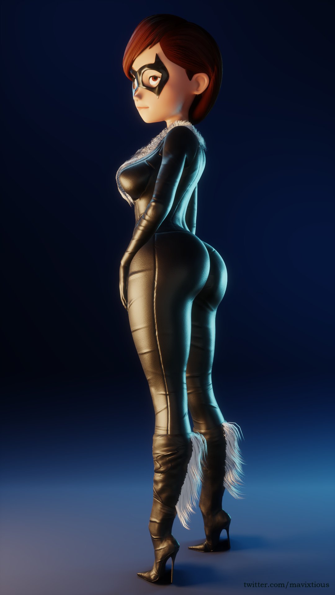 1girls, 3d, armwear, ass, big ass, big breasts, black cat (cosplay), breasts, clothing, cosplay, disney, eyewear, female, female only, footwear, handwear, helen parr, high heel boots, high heels, large ass, large breasts, legwear, marvel, marvel comics, mask, mavixtious, pixar, smooth skin, solo, spider-man (series), the incredibles