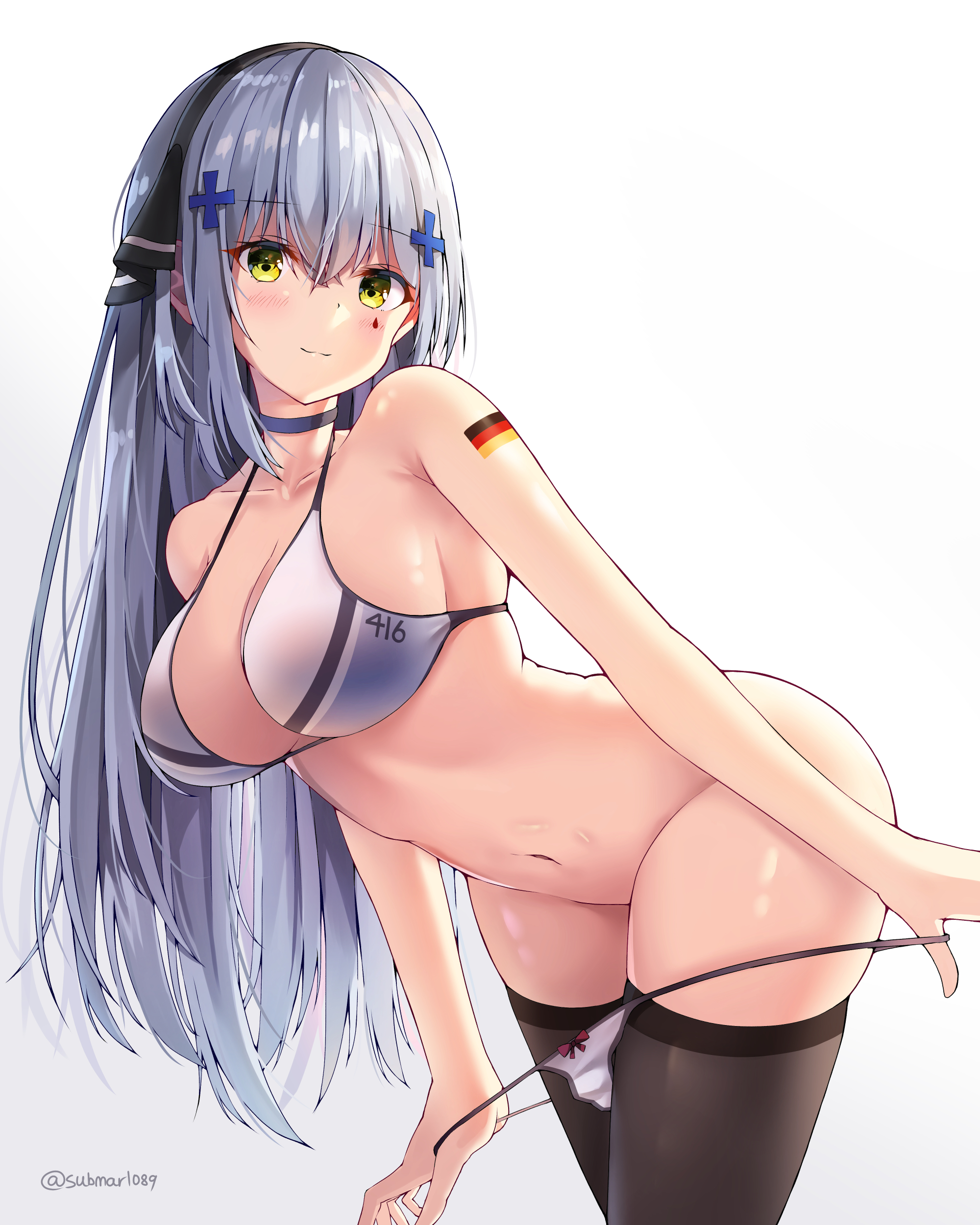 absurdres, bangs, bare arms, bare shoulders, bikini, bikini pull, black choker, black hairband, black legwear, black ribbon, blush, breasts, choker, cleavage, closed mouth, collarbone, eyebrows visible through hair, facial mark, female, german flag, girls' frontline, gradient, gradient background, grey background, groin, hair between eyes, hair ornament, hair ribbon, hairband, highres, hk416 (girls' frontline), large breasts, long hair, navel, pulled by self, ribbon, sidelocks, silver hair, skindentation, smile, sob (submar1089), solo, swimsuit, thighhighs, twitter username, very long hair, white background, white bikini, yellow eyes
