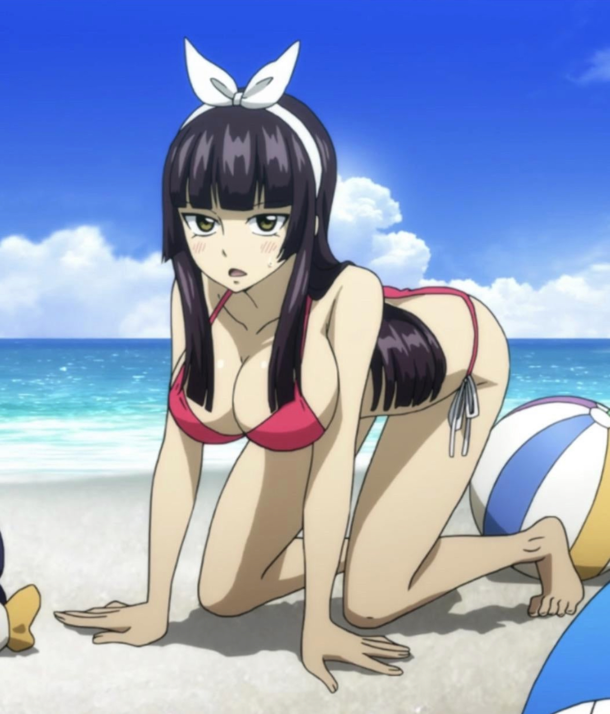 1girls, all fours, beach, beach ball, bikini, breasts, brown eyes, busty, cleavage, fairy tail, female, female only, hazel eyes, hime cut, kagura mikazuchi, looking at viewer, mermaid heel, purple hair, purple-haired female, red bikini, solo, solo female