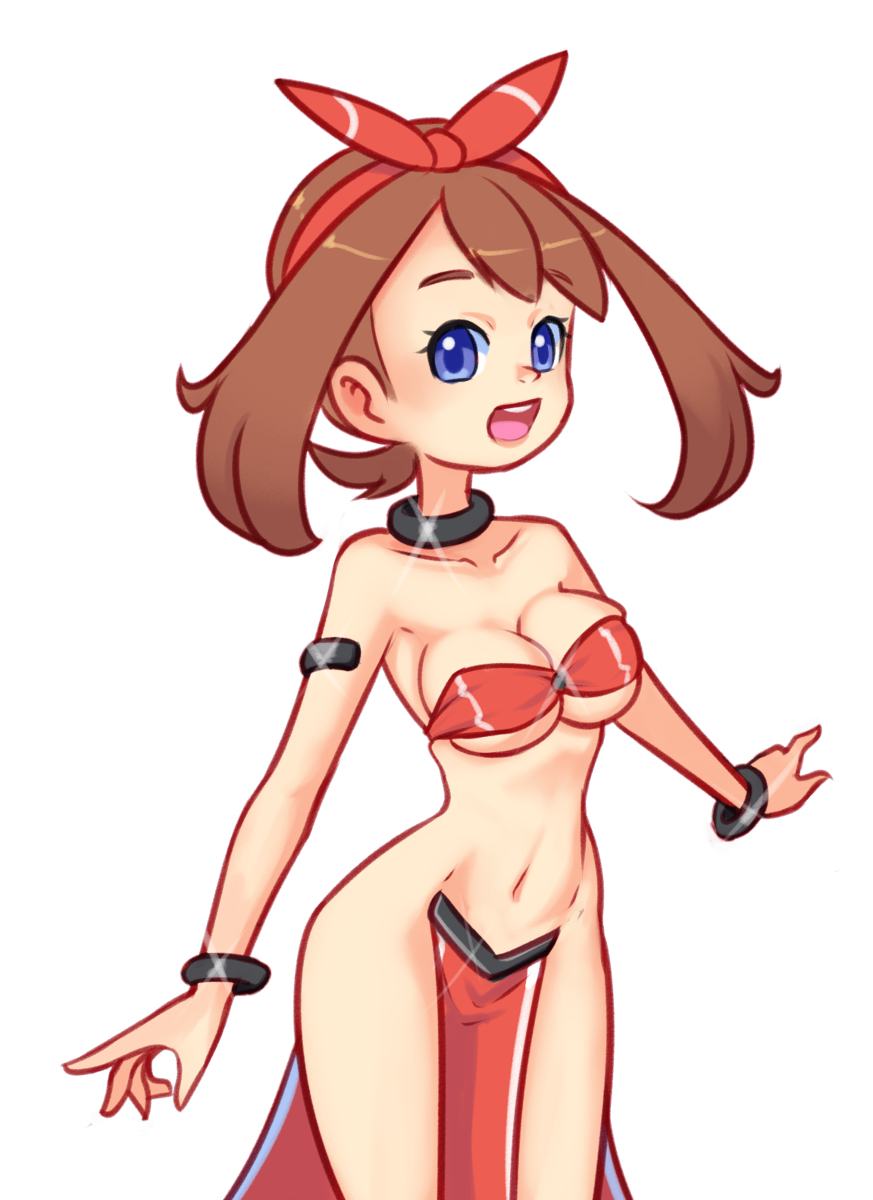 1girls, belly dancer, belly dancer outfit, blue eyes, breasts, brown hair, dancer, dancer outfit, female, female only, femsub, harem girl, harem outfit, large breasts, loincloth, may (pokemon oras), may (pokemon), pokemon, pokemon oras, ryuhi, slave, slave collar, slave outfit, submissive female, voluptuous