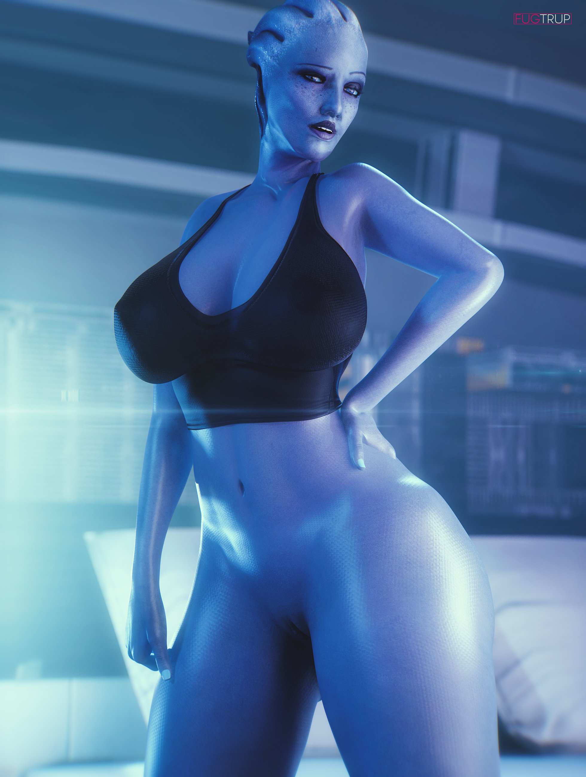 1girls, 3d, alien, alien girl, alternate breast size, areolae, asari, big breasts, bioware, blue eyes, blue skin, bottomless, breasts, female, female only, fugtrup, hairless pussy, hourglass figure, large breasts, liara t'soni, looking at viewer, mass effect, nipples, pussy, sci-fi, science fiction, scifi, solo, solo female, thick thighs, wide hips