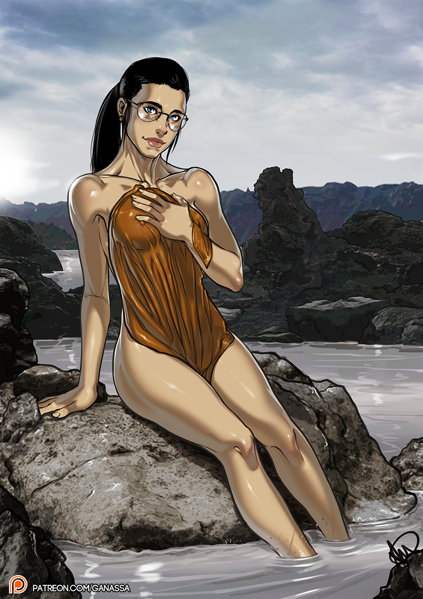 1girls, black hair, blue eyes, death stranding, female, female only, front view, ganassa, glasses, light skin, light-skinned female, lipstick, looking at viewer, mama (death stranding), margaret qualley, outdoors, pale skin, piercing, ponytail, river, rocks, slim, solo, solo female, tagme, tied hair, towel, wet, wet skin
