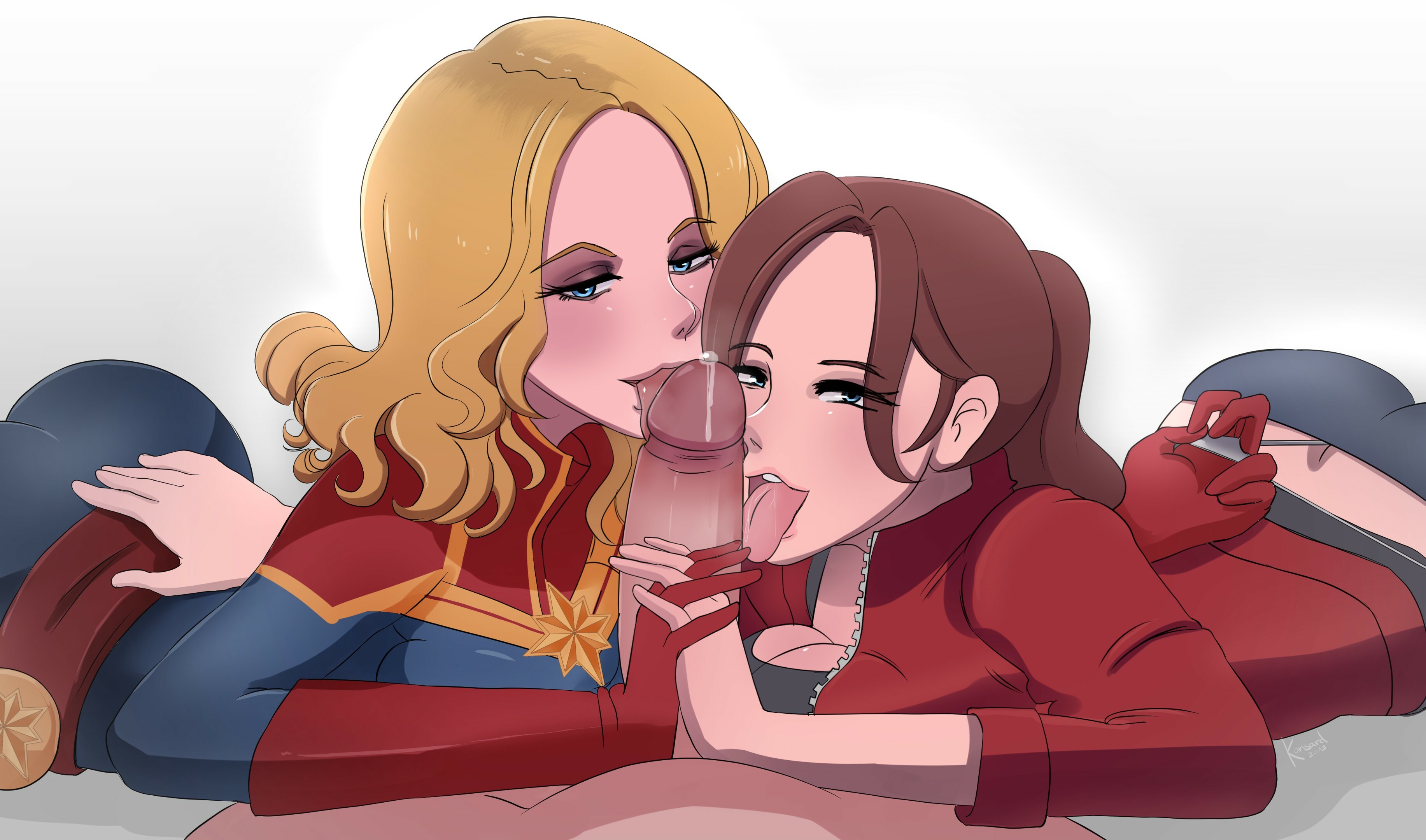 1boy, 2girls, ass, assisted fellatio, avengers, bimbo, blonde hair, blowjob, blue eyes, brown hair, capcom, captain marvel, carol danvers, claire redfield, cleavage, collaborative fellatio, crossover, double fellatio, eye contact, eyeshadow, fellatio, female, ffm, ffm threesome, gloves, kansard, kansard depravity, licking penis, long hair, male, marvel, marvel comics, marvel vs. capcom, multiple females, multiple girls, naughty face, oral, panty pull, penis, ponytail, pov, resident evil, resident evil 2, resident evil 2 remake, straight, superheroine, teamwork, threesome, voluptuous, wedgie, whale tail, white background