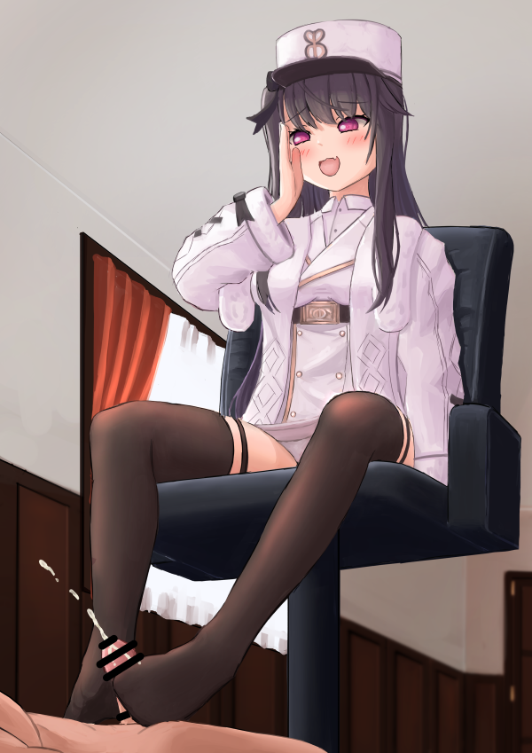 1boy 1girls azur_lane bar_censor black_legwear black_thighhighs blush breasts censored clothed_female clothed_female_nude_male coat coat_dress cum cumshot ejaculation female footjob footjob_with_legwear hat military military_hat military_uniform open_clothes open_coat open_mouth pamiat_merkuria_(azur_lane) pink_eyes sitting sitting_on_chair smile thigh_strap thighhighs thighs tongue uniform white_clothing white_hat white_headwear white_uniform wide_sleeves winter_clothes winter_coat