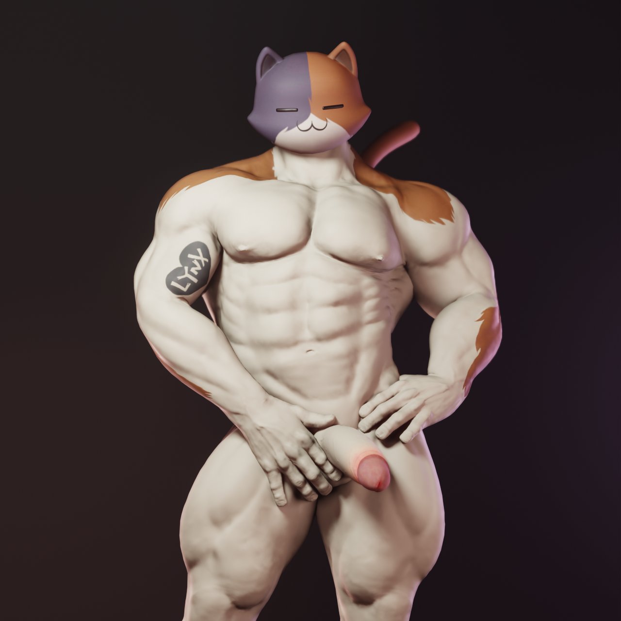 1boy, aj racer95, anthro, balls, big penis, bottomless, cat, closed eyes, cute, domestic cat, feline, fortnite, furry, gay, grabbing, grabbing penis, male, male focus, male only, meowscles (fortnite), muscular, muscular male, no humans, pecs, pectorals, penis, presenting penis, tagme, tail, tattoo, testicles