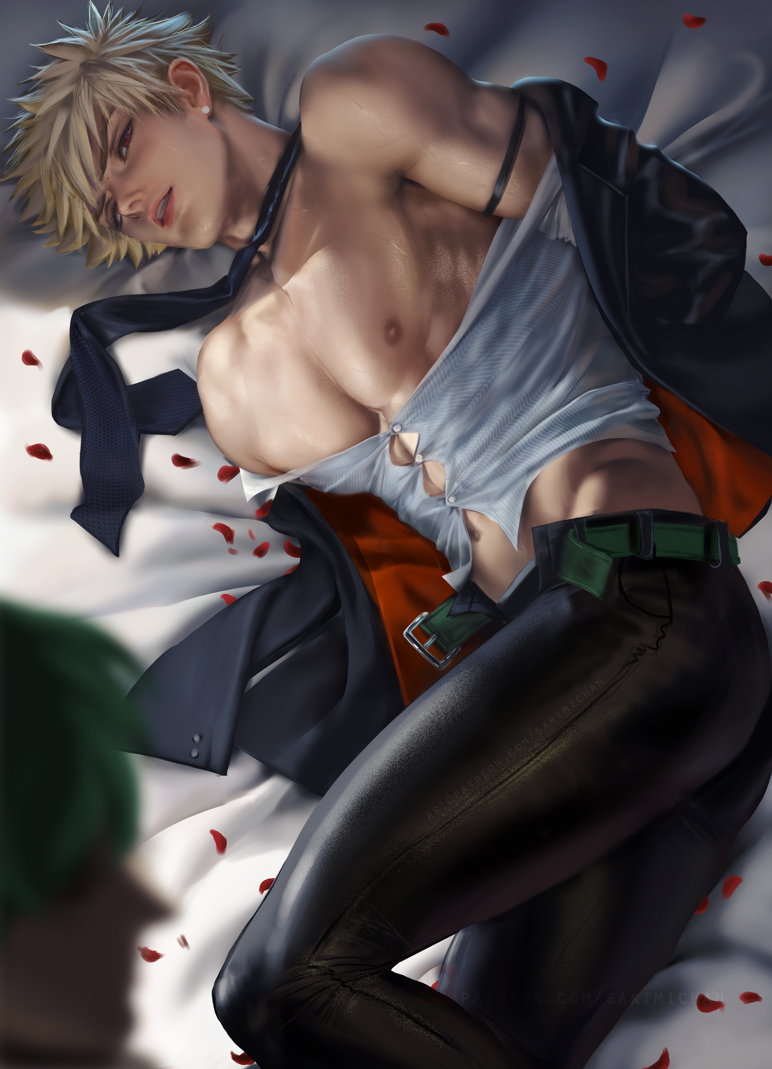 izuku midoriya, katsuki bakugou, male, male only, my hero academia, red eyes, rose petals, sakimichan, solo male, suit