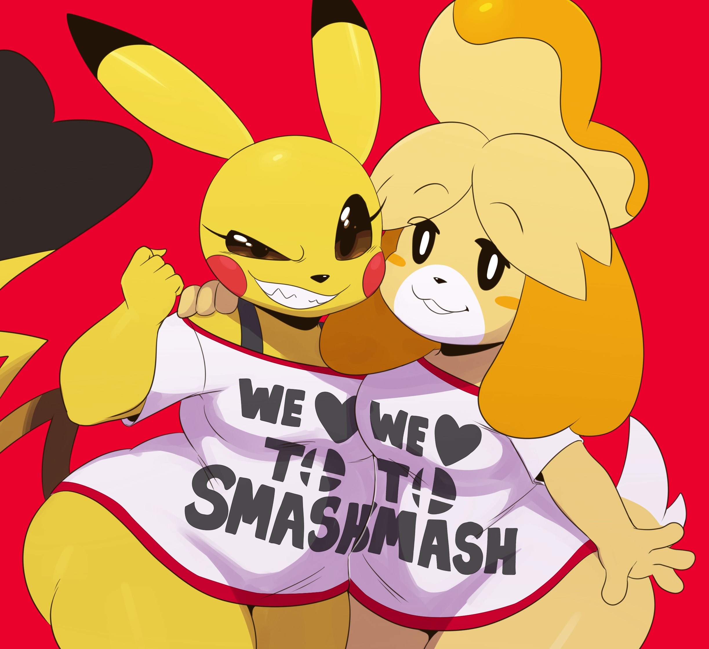 :3, 2girls, animal crossing, anthro, anthrofied, ass, bottomless, brown eyes, canine, cosplay pikachu, crossover, dress, duo, ears, ears up, female, furry, half-closed eyes, isabelle (animal crossing), looking at viewer, nintendo, pikachu, pokémon (species), pokemon, pokemon (species), pokemon rgby, rodent, sharing clothes, shirt, smile, sssonic2, super smash bros., thick thighs, thighs, wide hips, yellow skin