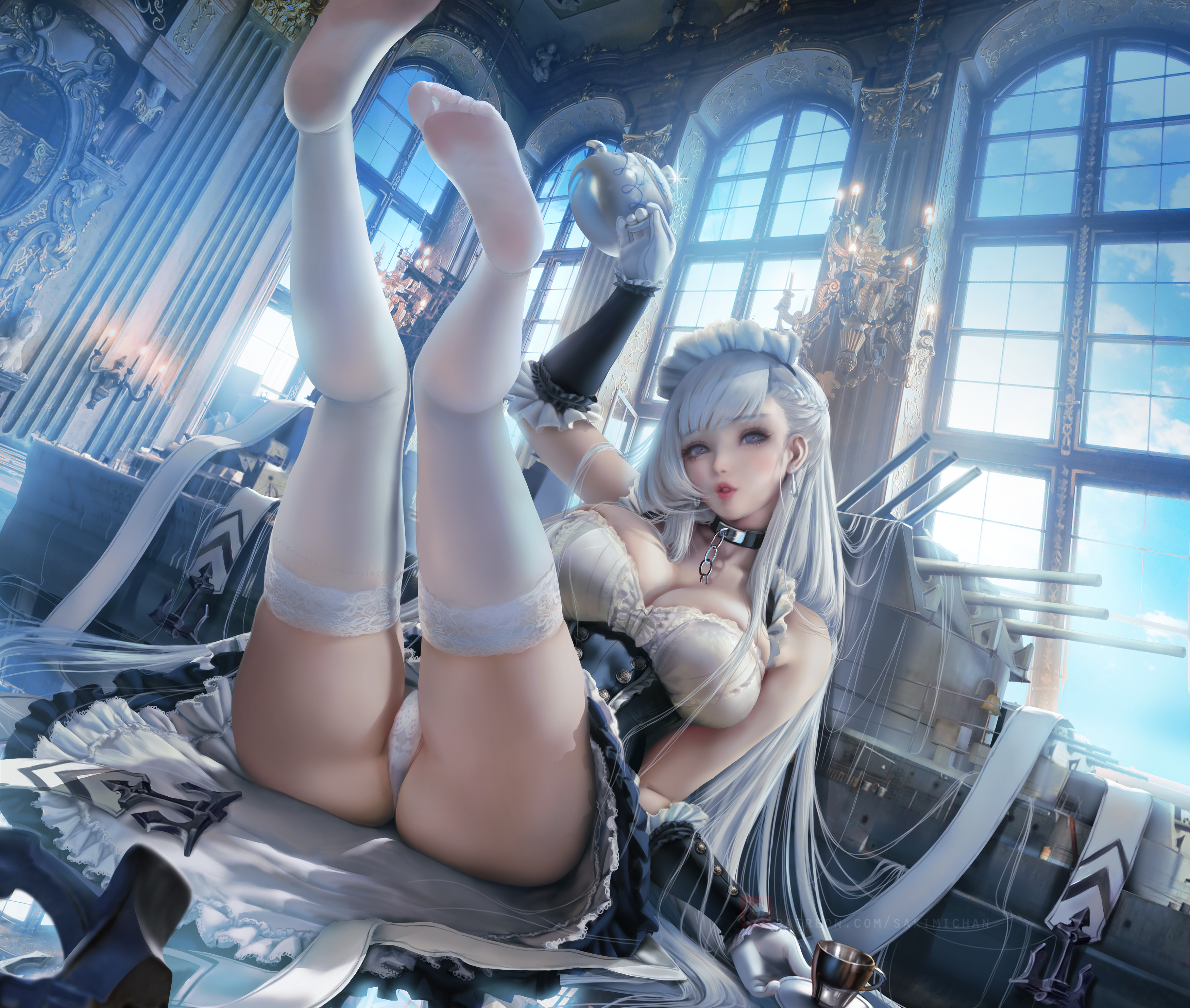 1girls, azur lane, belfast (azur lane), female, high resolution, large filesize, long hair, sakimichan, stockings, tagme, very high resolution