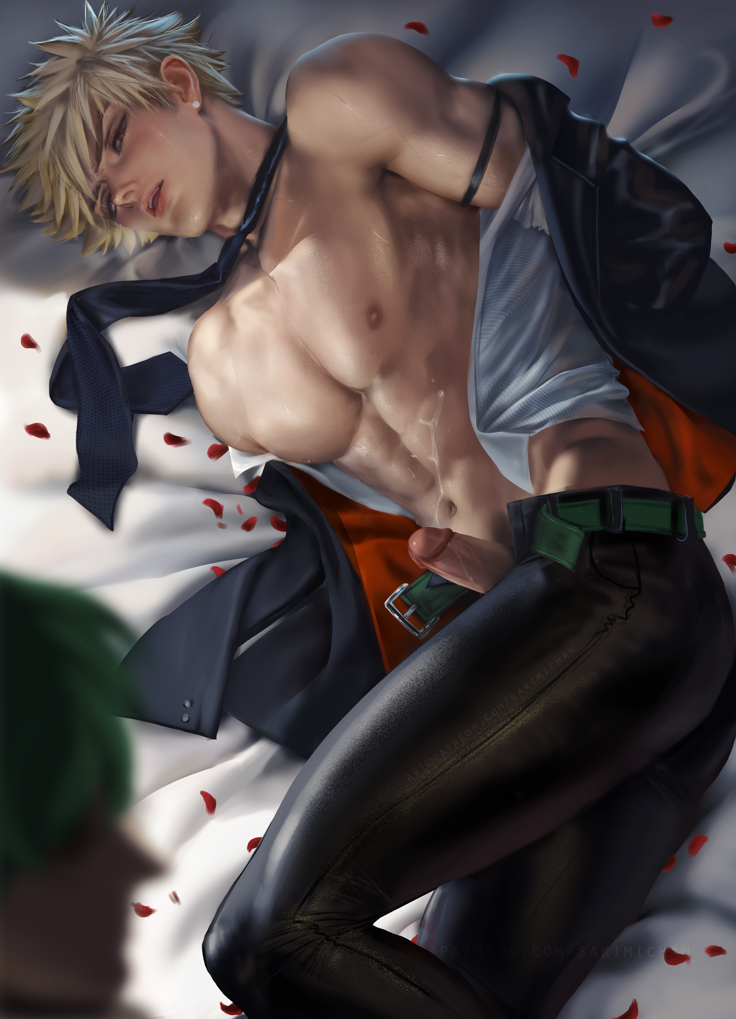 izuku midoriya, katsuki bakugou, male, male only, my hero academia, penis, red eyes, sakimichan, solo male, suit, yaoi