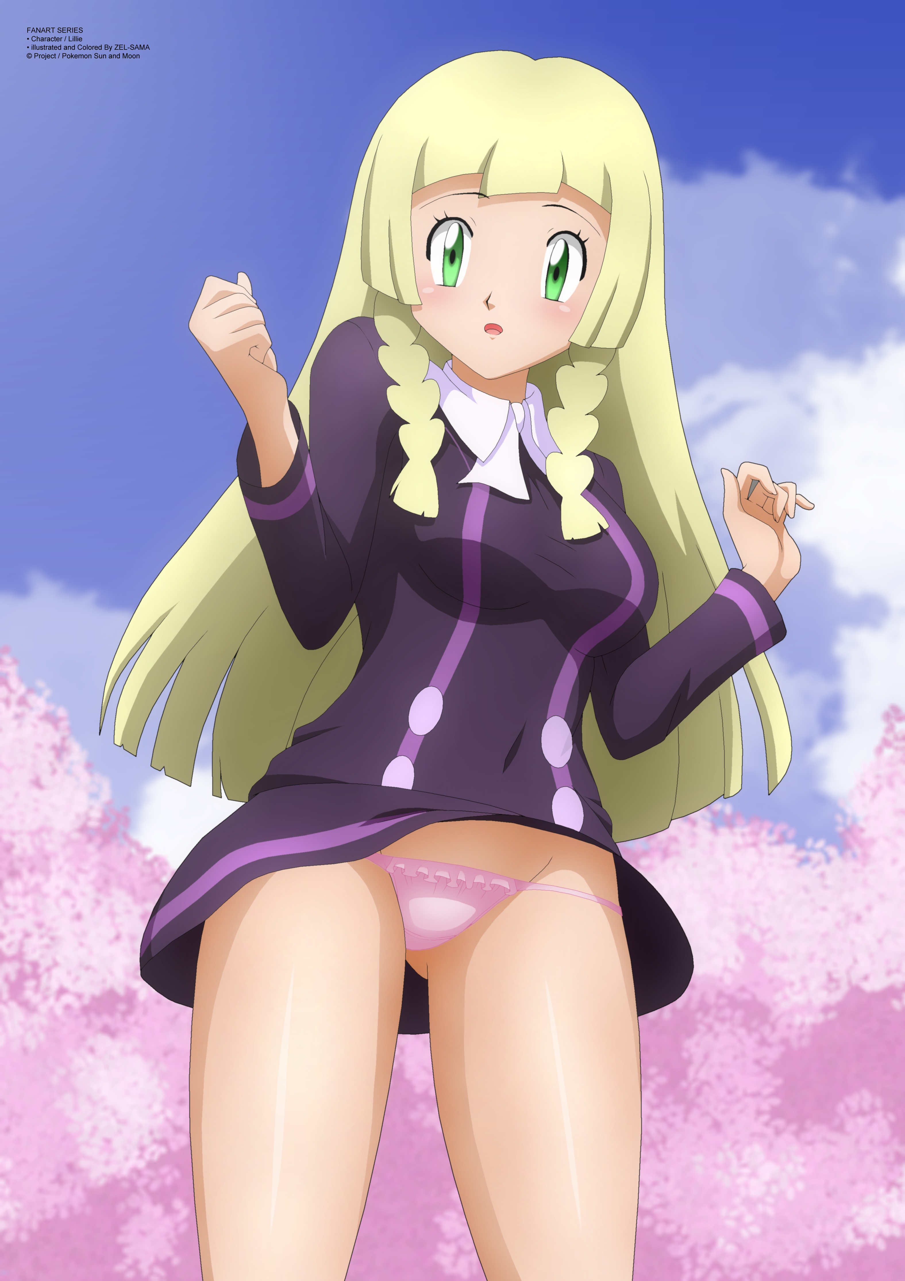 1girls, alternate costume, blonde hair, blonde-haired female, clothed, female, lillie (pokemon), looking at viewer, panties, pantyshot, pink panties, pokemon, pokemon sm, purple dress, solo, surprised, thighs, underwear, upskirt, zel-sama