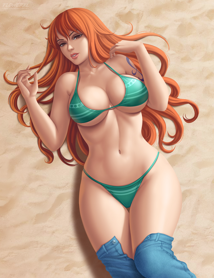 1girls big_breasts bikini bikini_bottom breasts cleavage female female_only flowerxl green_thong jeans large_breasts long_hair looking_at_viewer nami one_piece orange_hair pants_down pants_pull solo striped_bikini thong