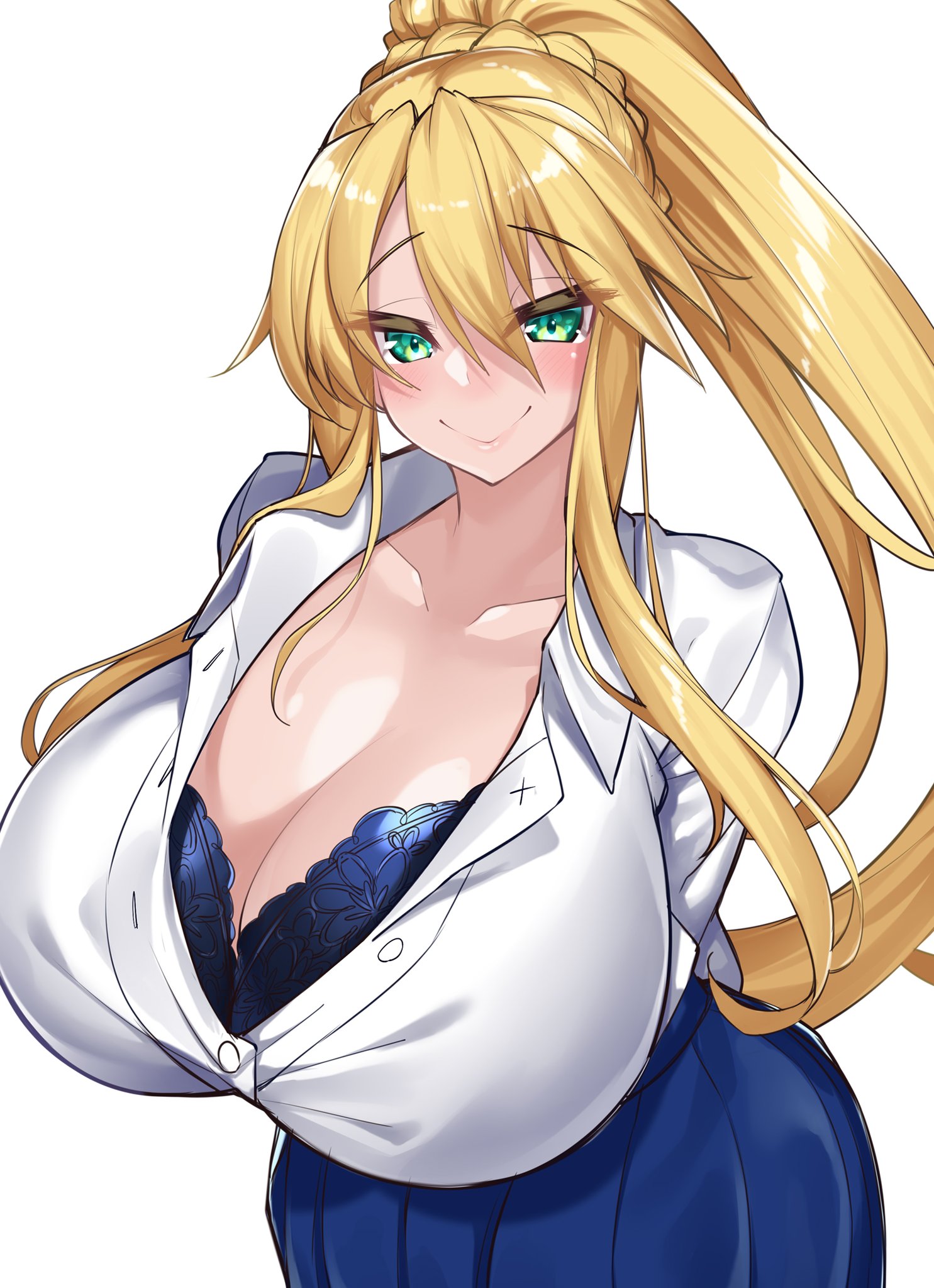 1girls, artoria pendragon, artoria pendragon (lancer), blonde hair, blush, bra, bra cups sticking out, breasts, fate (series), fate/grand order, female, hands behind back, huge breasts, large breasts, looking at viewer, ponytail, school uniform, schoolgirl, skirt, solo, unbuttoned shirt, watosu (watosu mama)
