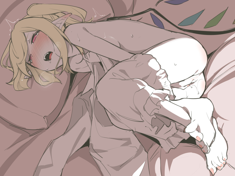 1girls ass asutora barefoot bed_sheet blonde_hair bloomers bloomers_(victorian) bloomers_pull blush breasts drooling fangs feet female fingering flandre_scarlet full_body half-closed_eyes heavy_breathing holding_shirt lying masturbation nose_blush on_side open_mouth pointy_ears pussy_juice red_eyes saliva short_hair side_ponytail solo sweat toes touhou trembling underwear underwear_pull wings