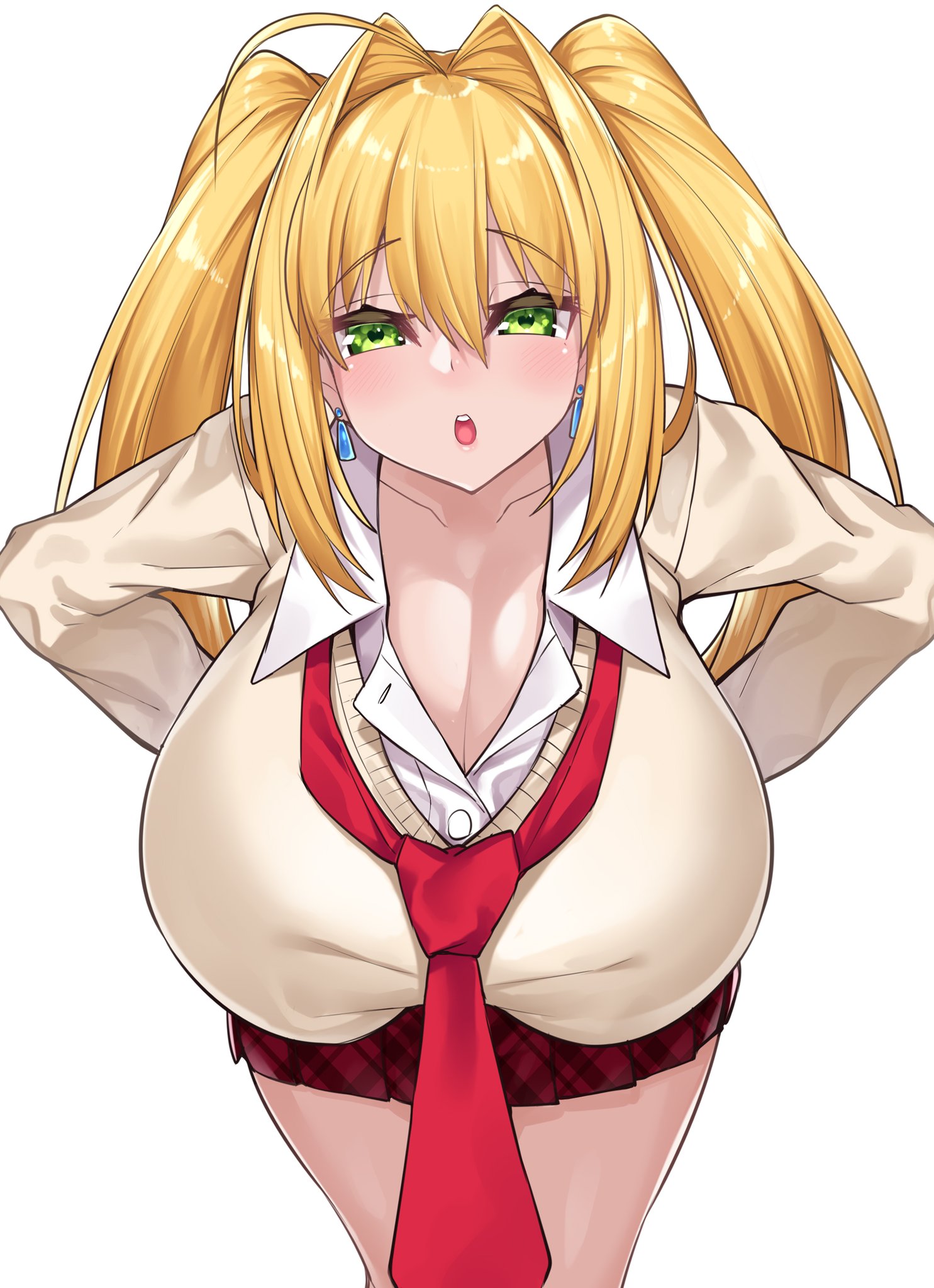 1girls, blonde hair, blush, breasts, earrings, fate (series), fate/extra, fate/grand order, female, hands on hips, huge breasts, leaning forward, looking at viewer, nero claudius (fate), school uniform, schoolgirl, skirt, tie, twintails, unbuttoned shirt, watosu (watosu mama)