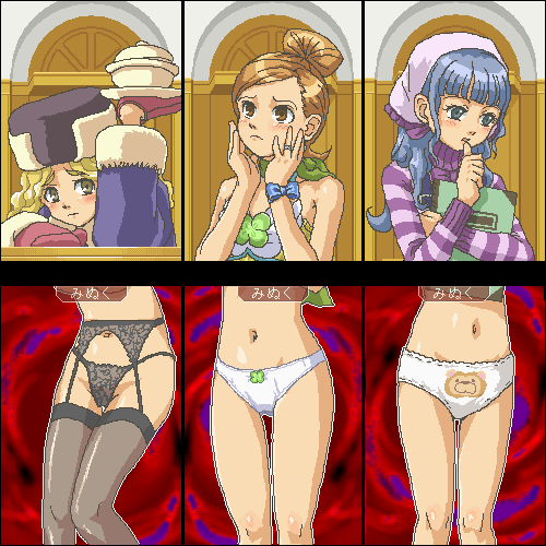 3girls alita_tiala blonde_hair blue_hair blush bottomless brown_eyes brown_hair capcom coat courtroom ese_makoto female female_only gloves gyakuten_saiban kasuga39 lingerie namina_minami navel olga_orly panties pixel_art ring sakai_masaka vera_misham x-ray