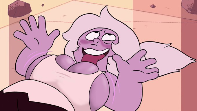1girls, accurate art style, ahe gao, alien, amethyst (steven universe), big breasts, blush, breast expansion, breast growth, breast growth (enlargement), breasts, bursting breasts, cartoon network, edit, expansion, female, huge breasts, open mouth, ponytail, purple skin, screenshot edit, slopster!, solo, steven universe, steven vs. amethyst (steven universe)