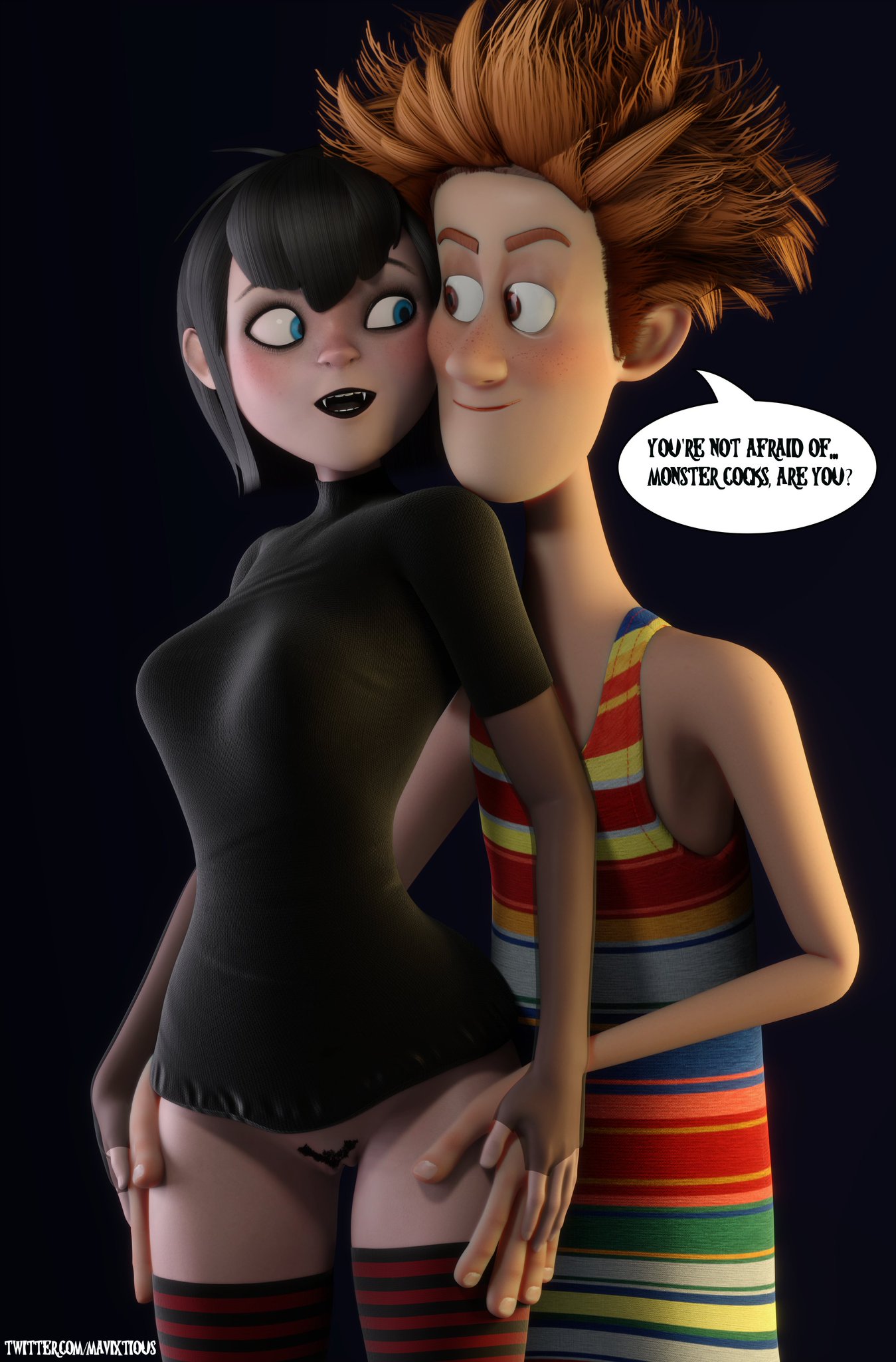 1boy, 1girls, 3d, black hair, blender, blue eyes, bottomless, breasts, canon couple, dialogue, female, haha jonathan, you are banging my daughter, hotel transylvania, husband, husband and wife, jonathan loughran, lips, lipstick, male, mavis dracula, mavixtious, nipples, pubic hair, pussy, speech bubble, straight, text, thick legs, thick thighs, thighhighs, thighs, vampire, voluptuous, wife