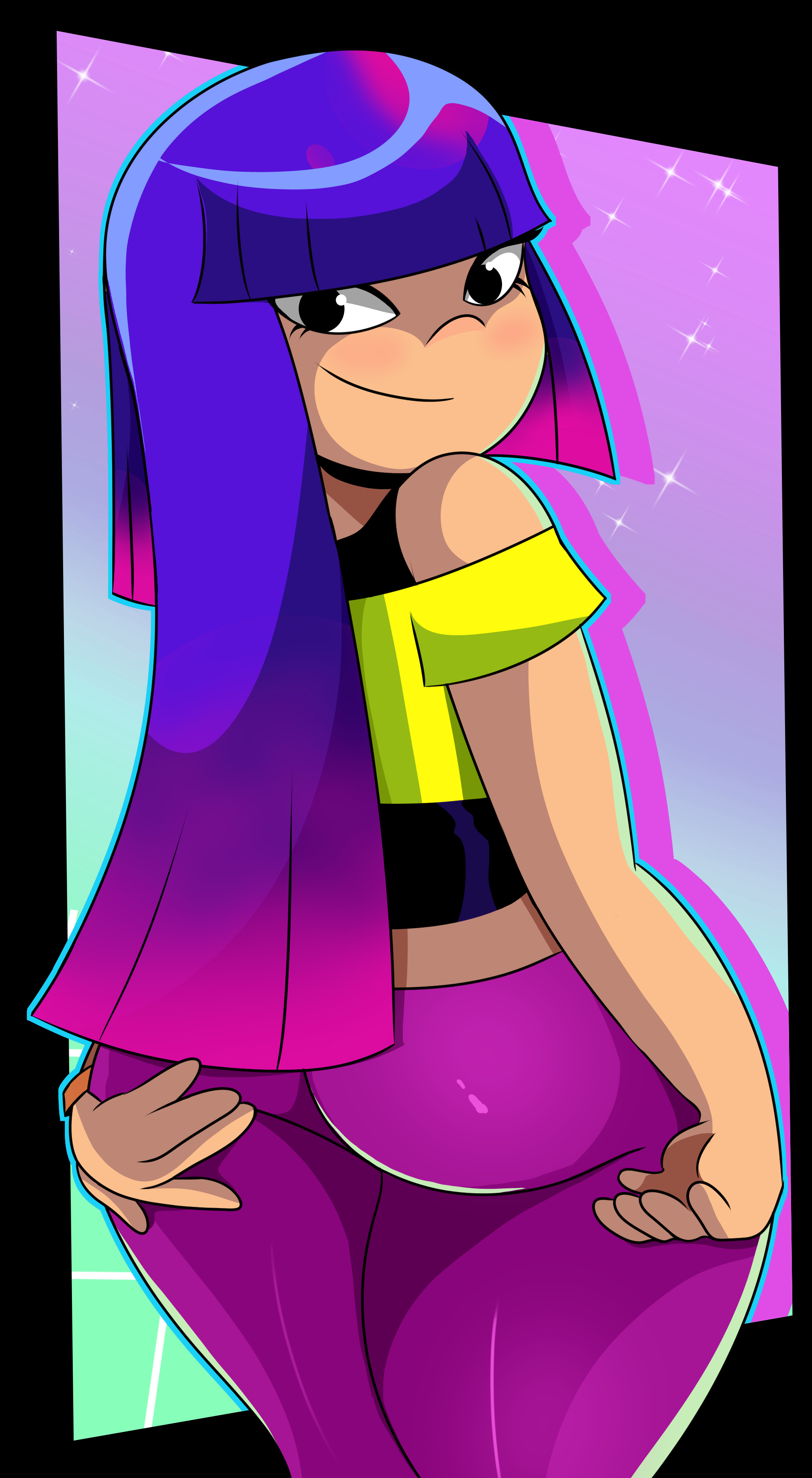 aged up, ass, background, big ass, big butt, black eyes, clothed, clothing, detailed background, eyelashes, eyes, female, female focus, female only, glitch techs, hair, hands on ass, hi res, holding ass, long hair, miko kubota, mouth, multicolored hair, nickelodeon, simple background, smile, solo, solo female, solo focus, sonson-sensei