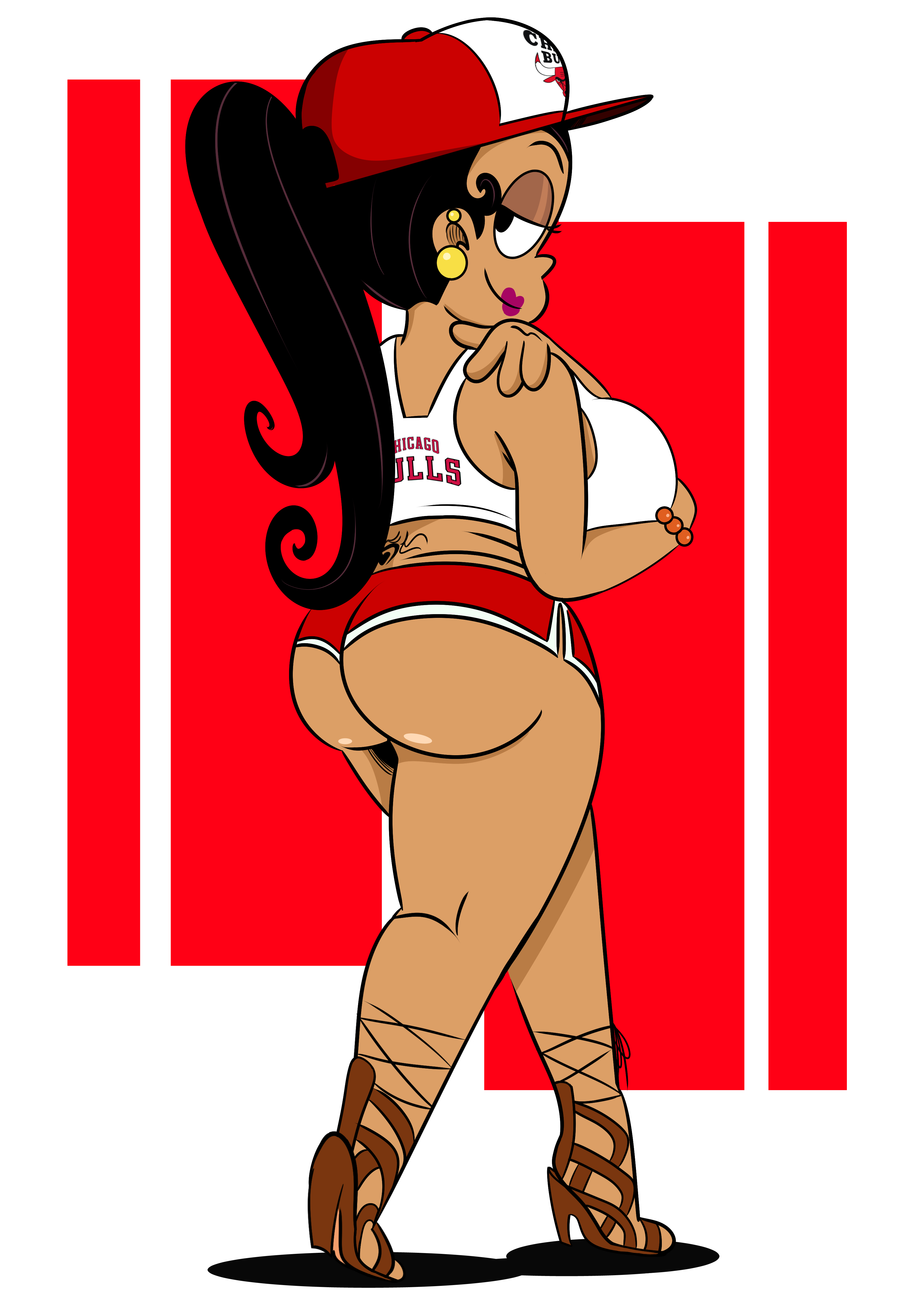 1girls, ass, baseball cap, big ass, big breasts, black hair, breasts, brown skin, carlota casagrande, clothes, clothing, dark skin, female, female only, gladiator sandals, half-closed eyes, hat, heels, large breasts, latina, looking back, nickelodeon, ponytail, short shorts, shorts, skimpy, smile, solo, sonson-sensei, straight hair, the loud house, thick thighs, thighs, wide hips