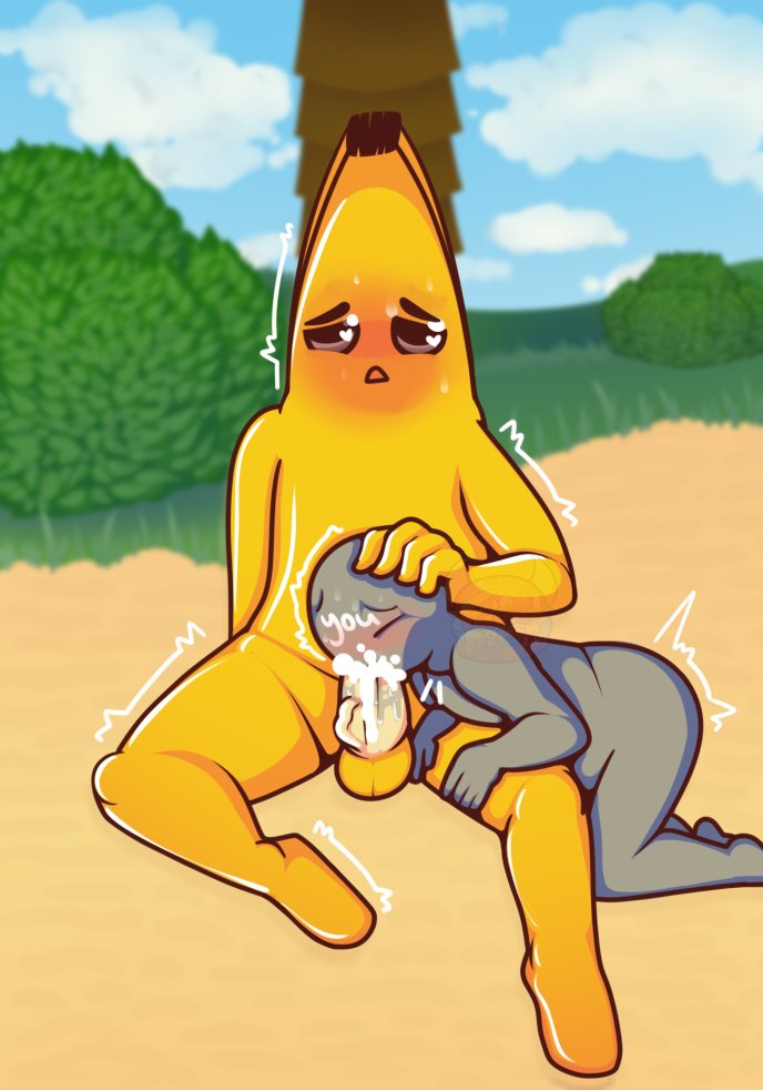 1boy, ambiguous gender, anon, anthro, banana, blowjob, cum, cum in mouth, fellatio, fortnite, furry, hand on head, male, peely, quivering, sex, sitting, sweating, tagme