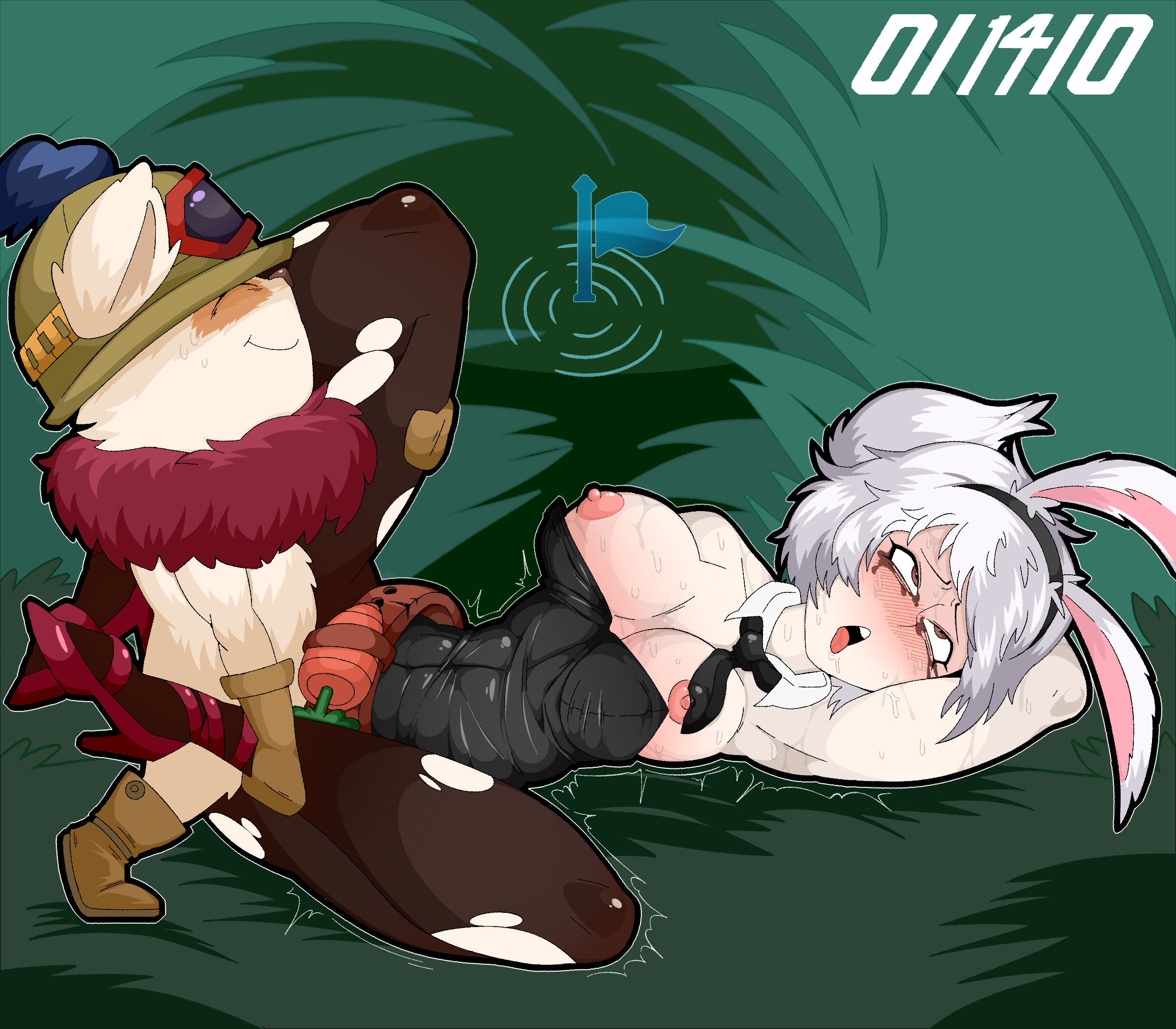 1boy, 1girls, anthro penetrating, blush, breasts, bunny ears, bunny girl, bunnysuit, cap, defeated, female, furry, high heels, humiliation, kill/death/assist, league of legends, male, medium breasts, pani, pantyhose, pussy, rape, riot games, riven, runny makeup, small dom big sub, teemo, tie, torn clothes, torn pantyhose, vaginal penetration, white hair, yordle
