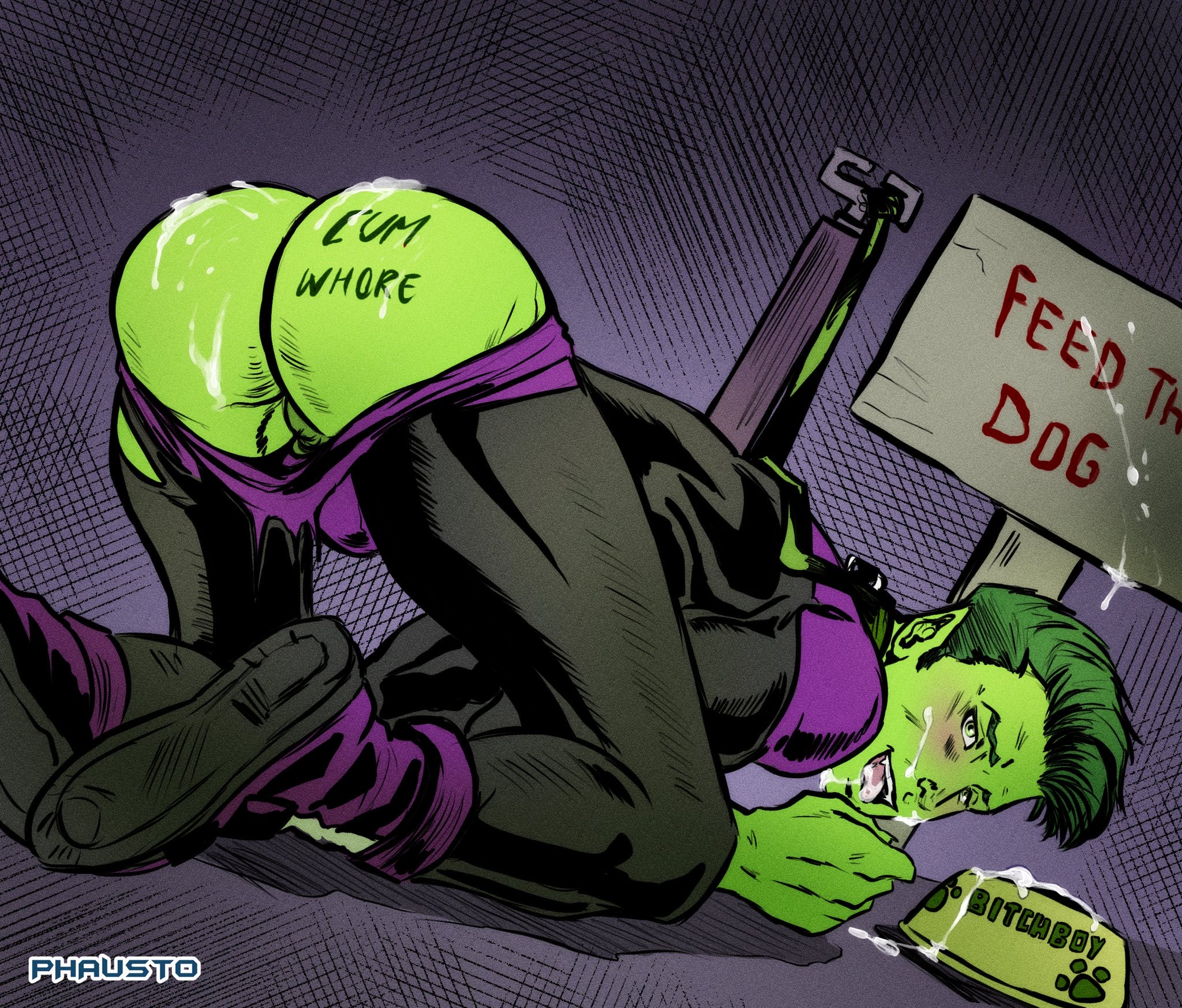1boy, ass, ass up, balls, bara, beast boy, big ass, blush, body hair, body writing, costume, cum, cum dump, cum hungry, cum in bowl, cum on ass, cum on face, dc, dc comics, eating cum, ejaculation, exposed ass, garfield logan, gay, green skin, leash, male, male focus, male only, muscles, muscular, muscular male, partially clothed, petplay, phausto, presenting, presenting anus, puppyplay, solo, solo male, suit, superhero, teen titans, tesha, tight clothing, tongue, tongue out, torn clothes, uncensored, writing on ass, writing on body, writing on skin, yaoi